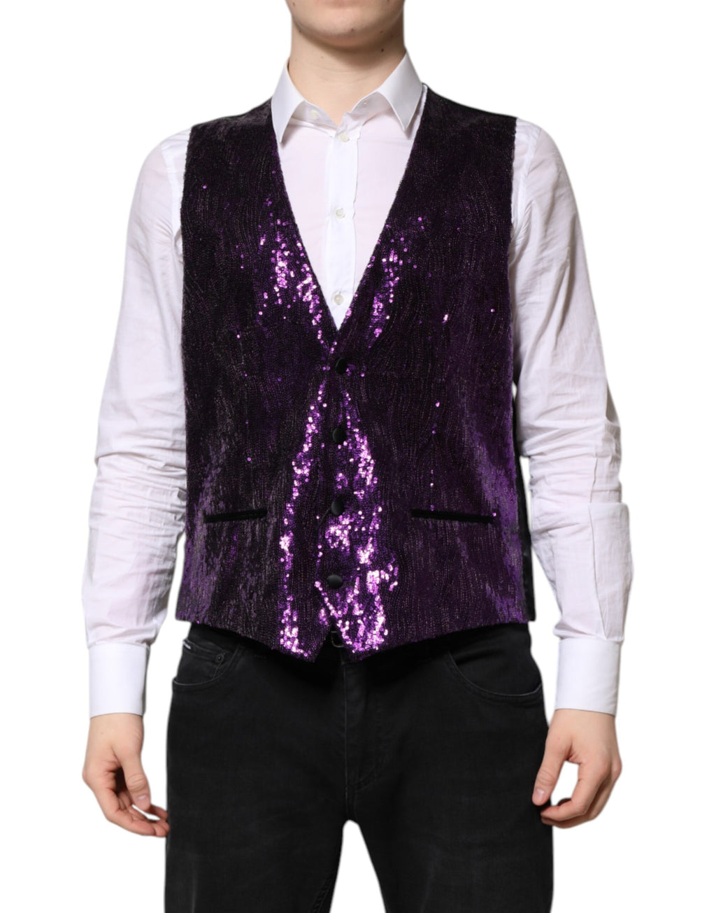 Gilet de soirée Dolce & Gabbana violet à sequins, veste cintrée élégante pour tenue formelle.
