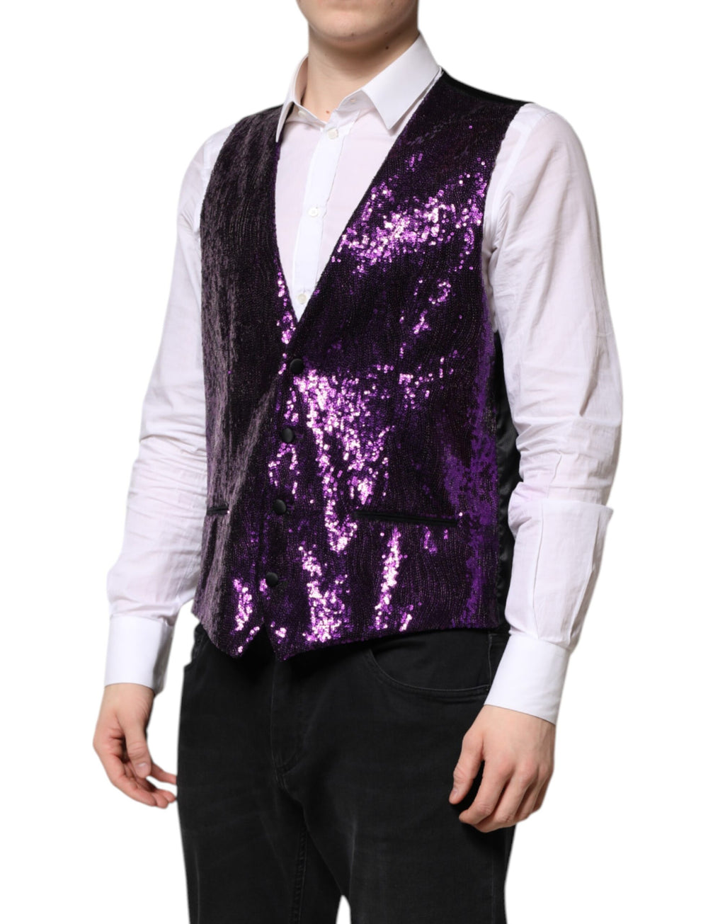 Robe de soirée violette Dolce & Gabbana à sequins, veste de costume élégante à la taille, vêtement formel pour femme.
