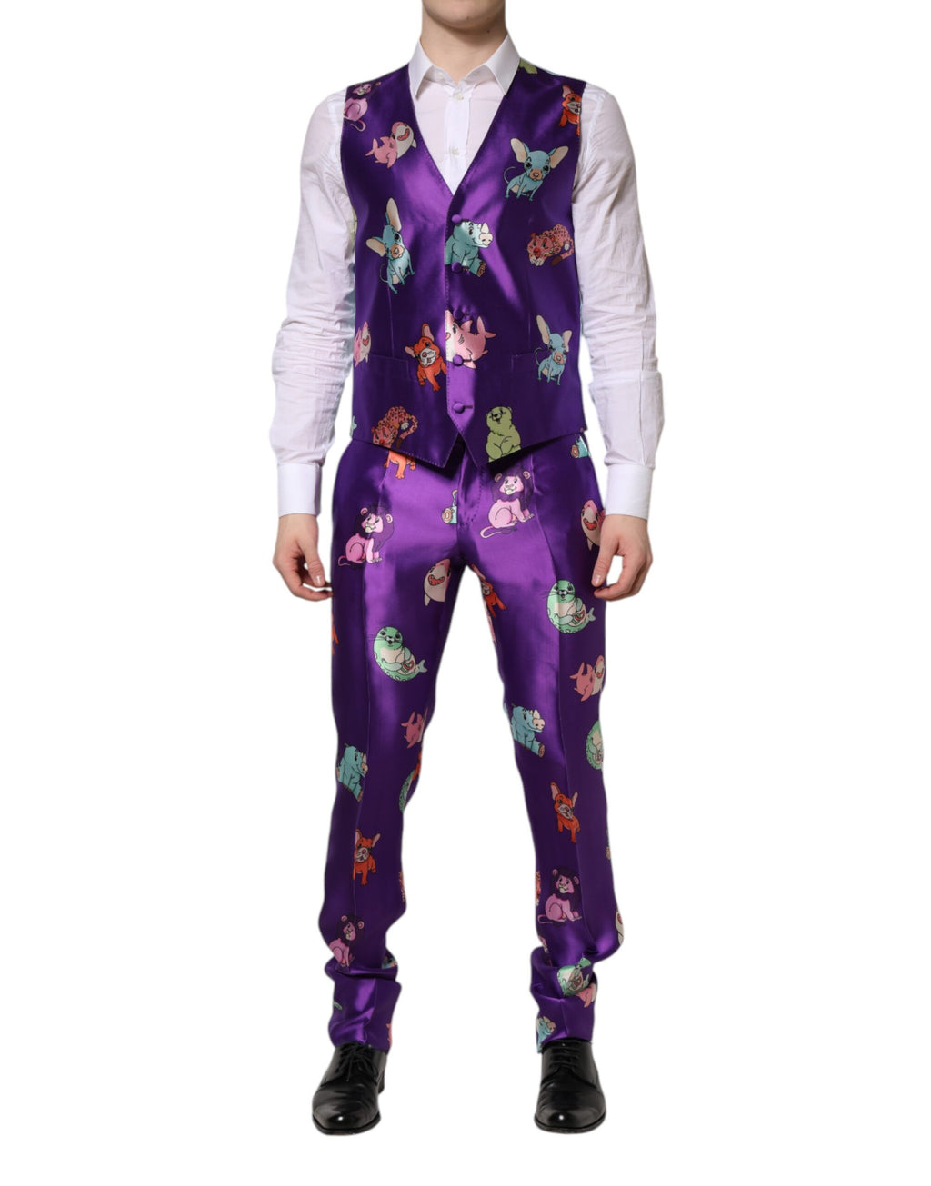 Costume en soie violette à motif animalier de Dolce & Gabbana, ensemble à 3 pièces élégant et tendance.