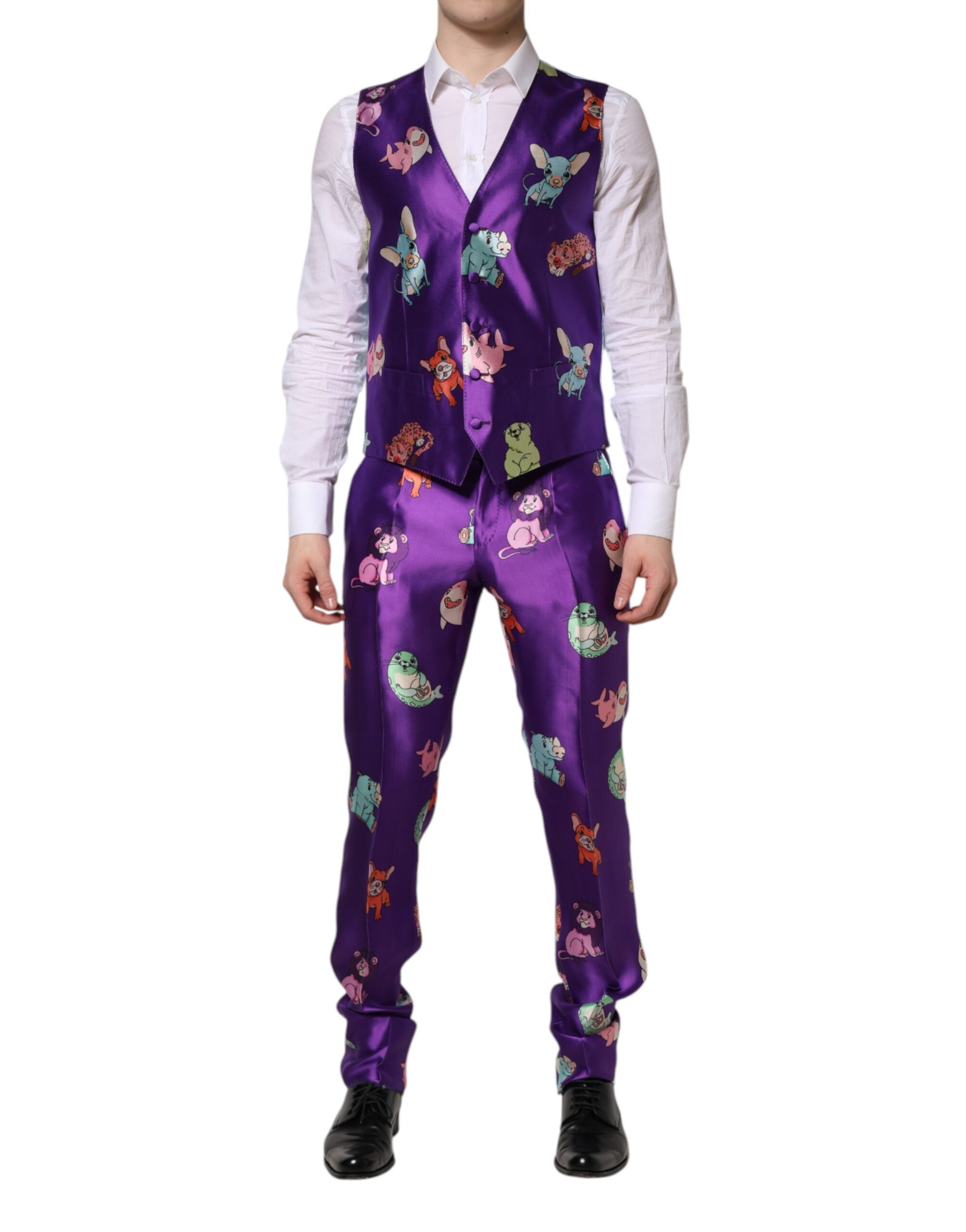 Costume en soie violette à motif animalier de Dolce & Gabbana, ensemble à 3 pièces élégant et tendance.