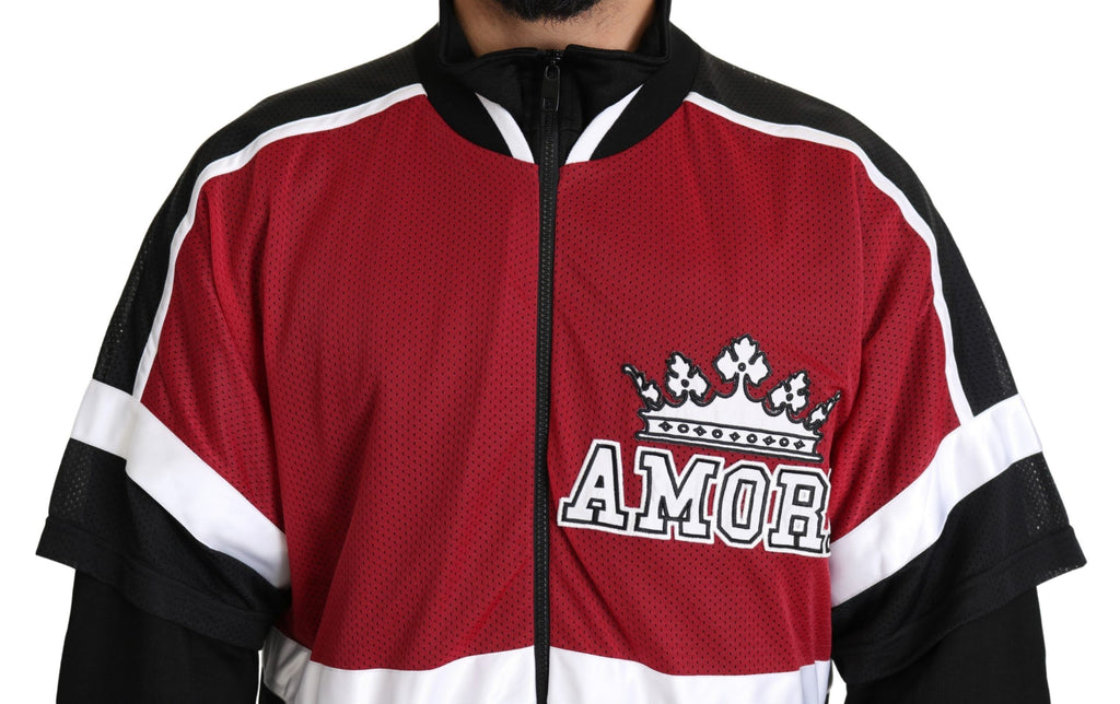 Sweat-shirt Dolce & Gabbana Amore sport en rouge et noir avec fermeture éclair complète, tissu confortable et style décontracté.