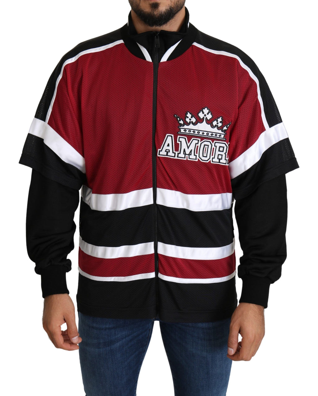 Sweat-shirt Dolce & Gabbana Amore sport rouge et noir avec fermeture éclair complète, tissu confortable et style décontracté.