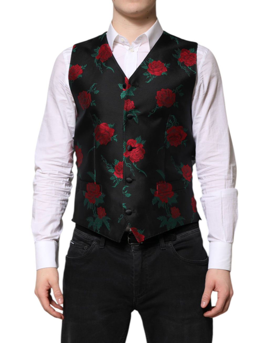 Gilet formel pour homme Dolce & Gabbana en brocart rouge à motifs floraux, style élégant et sophistiqué.