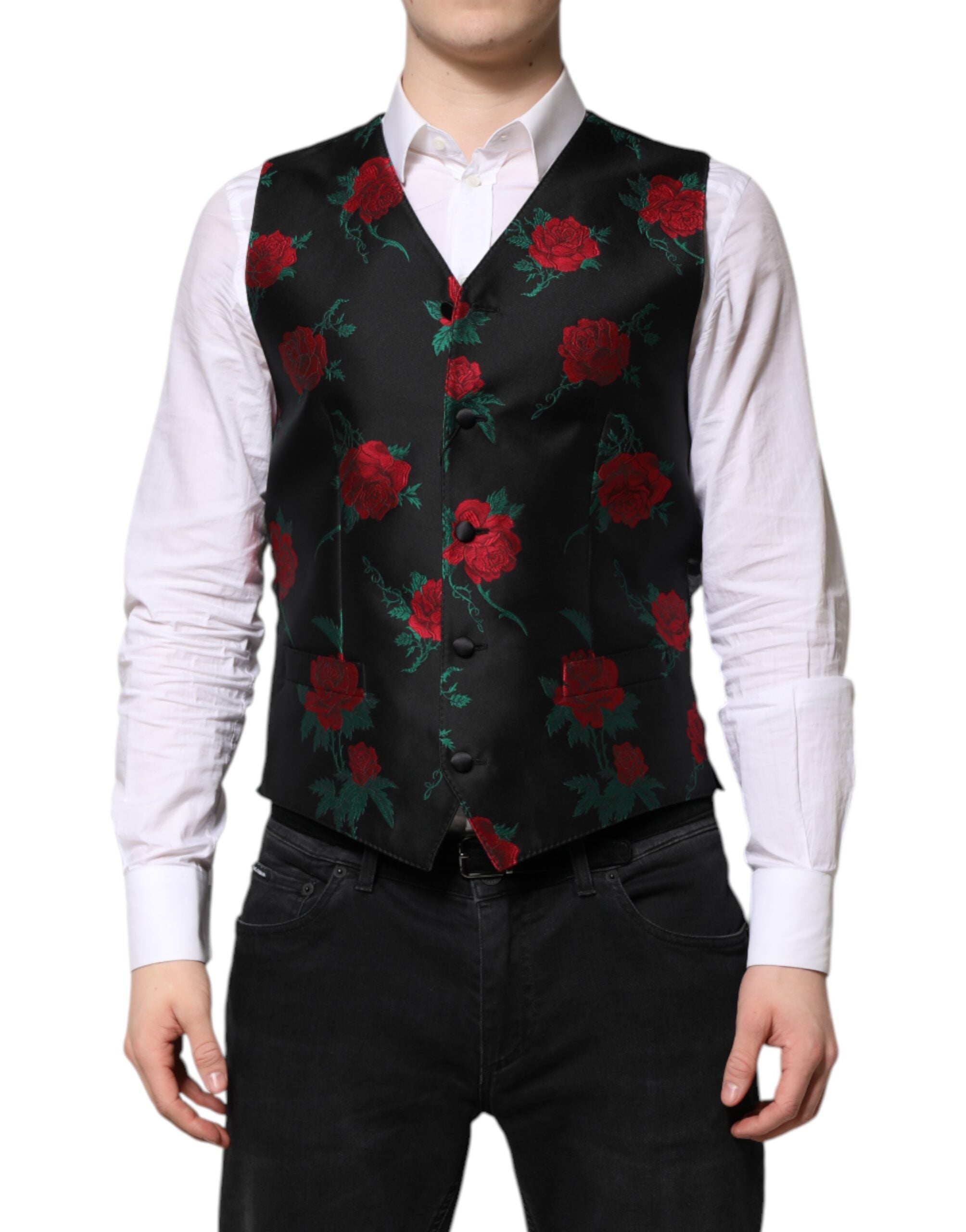 Gilet formel pour homme Dolce & Gabbana en brocart rouge à motifs floraux, style élégant et sophistiqué.
