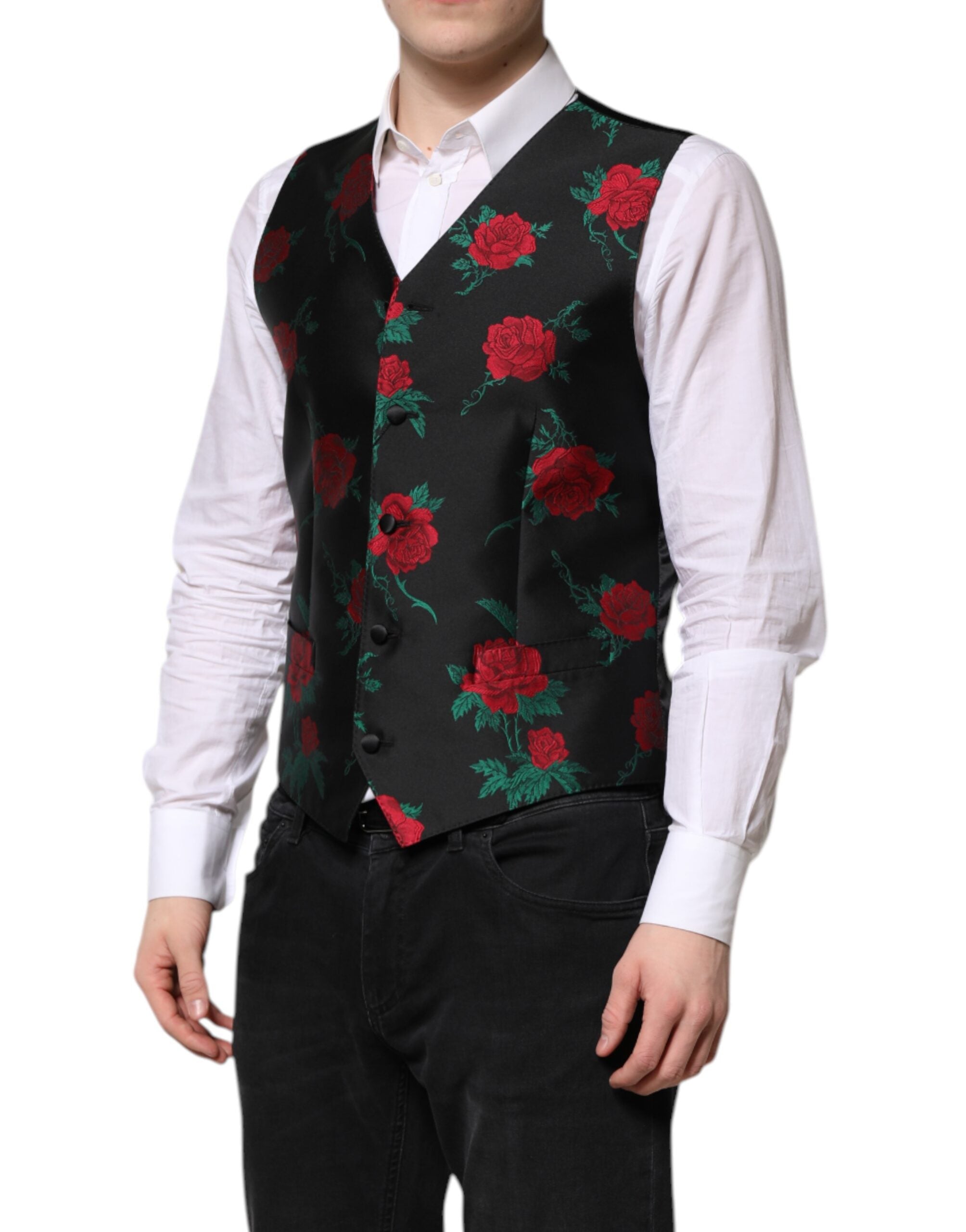 Gilet formel pour homme Dolce & Gabbana en brocart floral rouge, ajusté avec col en V et détails élégants.