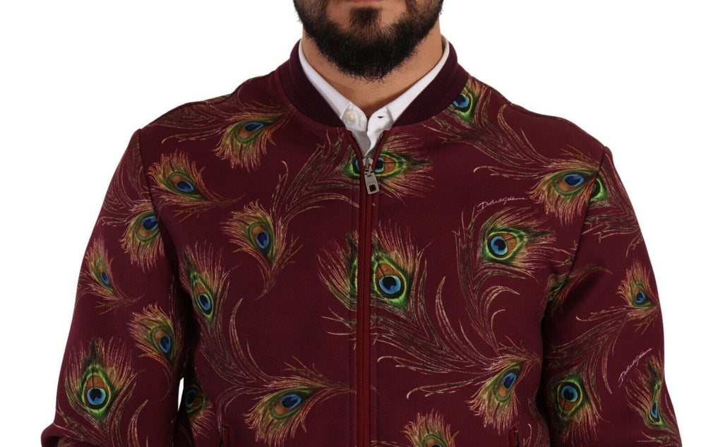 Veste zippée en polyester stretch rouge avec motif paon Dolce & Gabbana, style élégant et moderne.