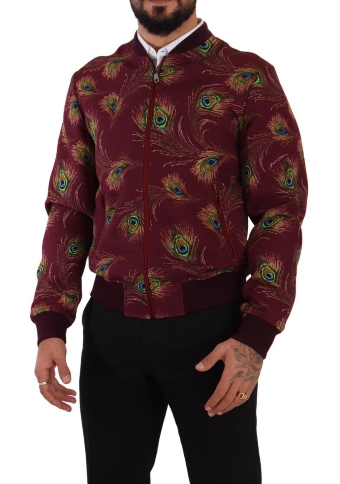 Veste zippée en polyester stretch rouge avec motif paon pour homme, Dolce & Gabbana, style élégance et luxe.