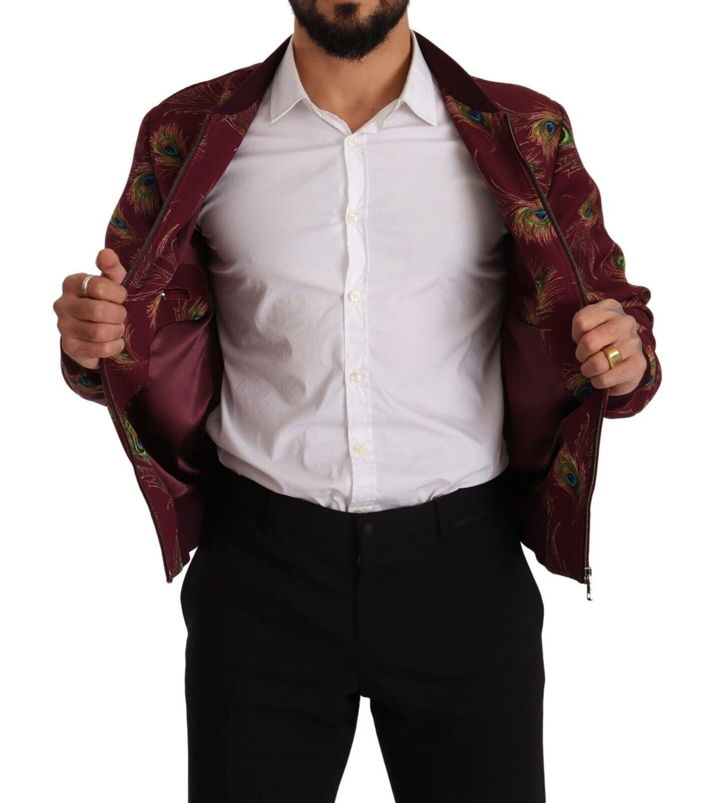 Veste zippée en polyester extensible rouge à motif paon pour homme de Dolce & Gabbana, vue de face.