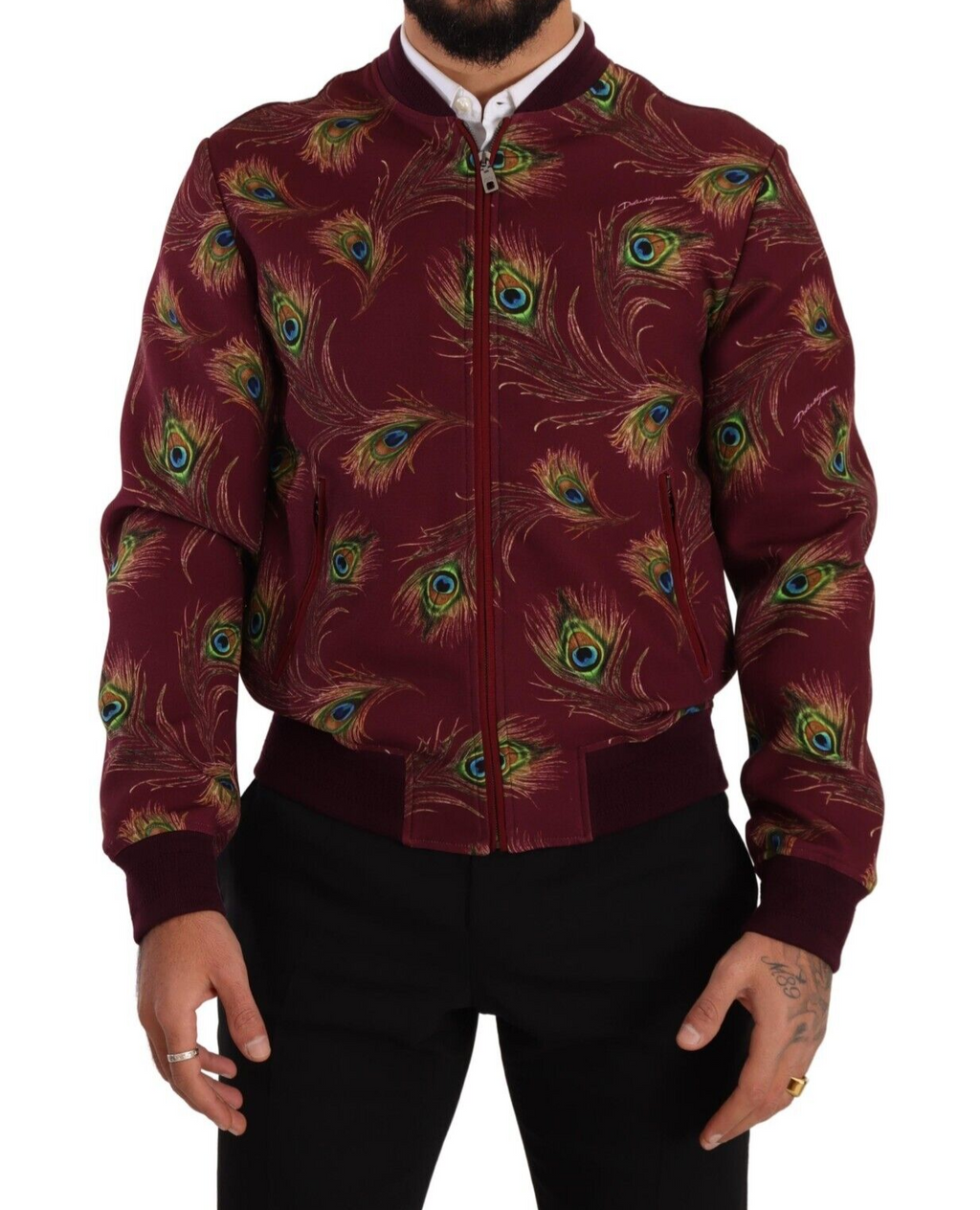 Veste zippée en polyester stretch rouge à motif paon pour homme de Dolce & Gabbana, élégante et tendance.