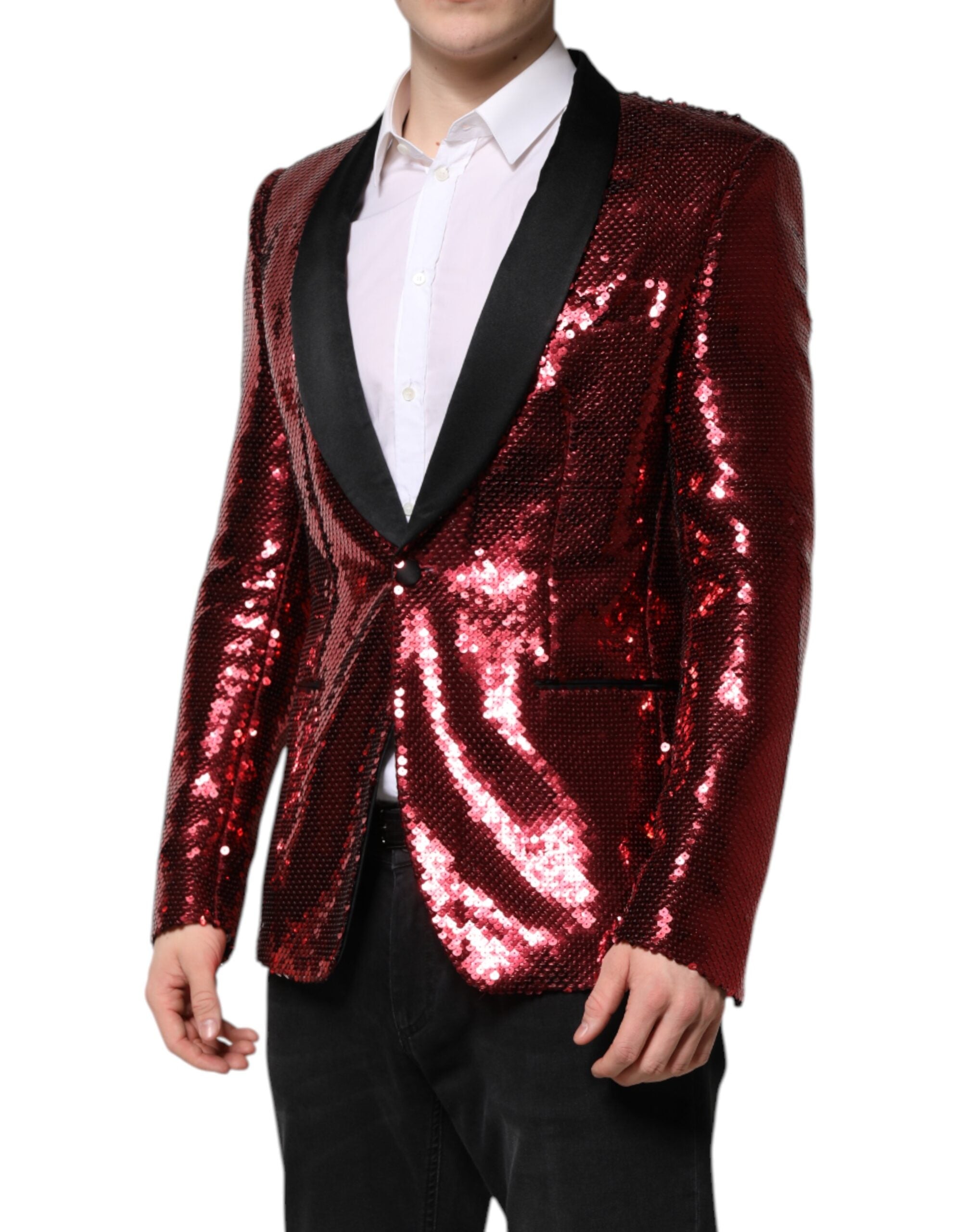 Veste blazer Dolce & Gabbana Sicilia rouge avec sequins brillants, élégante et sophistiquée, vue de face.