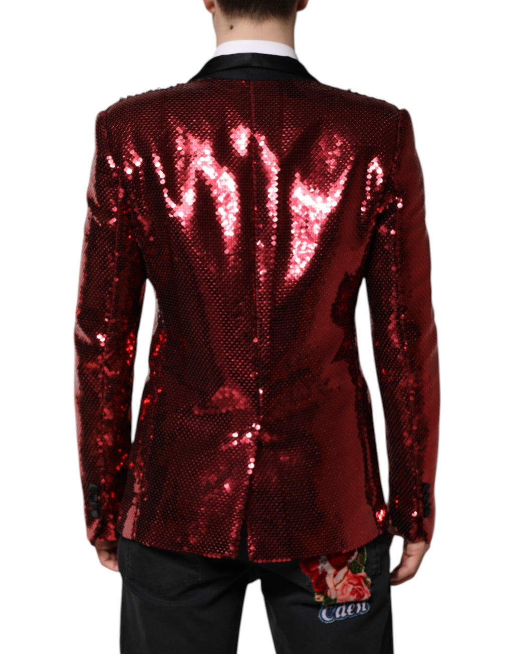 Blazer Dolce & Gabbana rouge SICILIA orné de sequins, veste élégante avec embellissements scintillants.