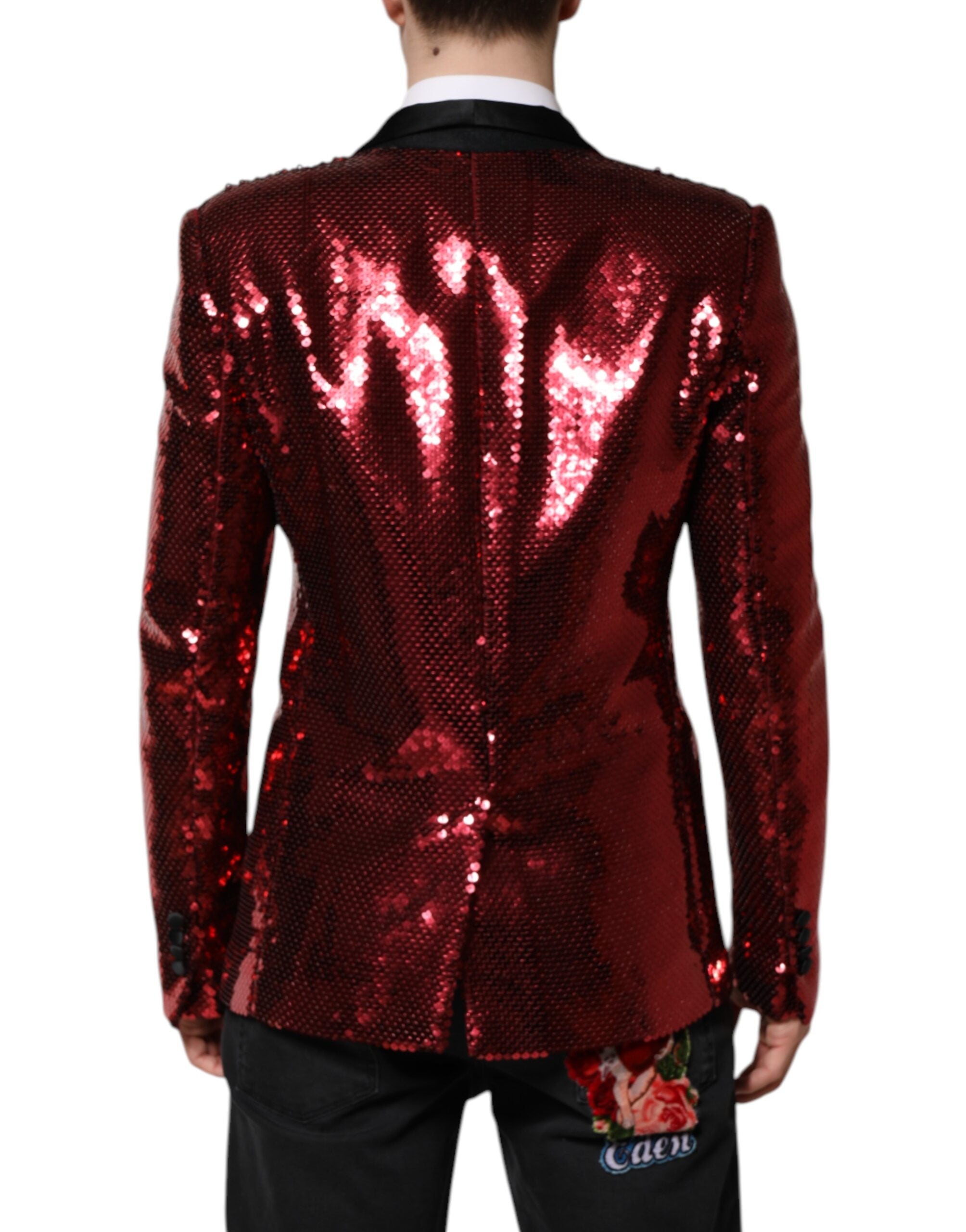 Blazer Dolce & Gabbana rouge SICILIA orné de sequins, veste élégante avec embellissements scintillants.