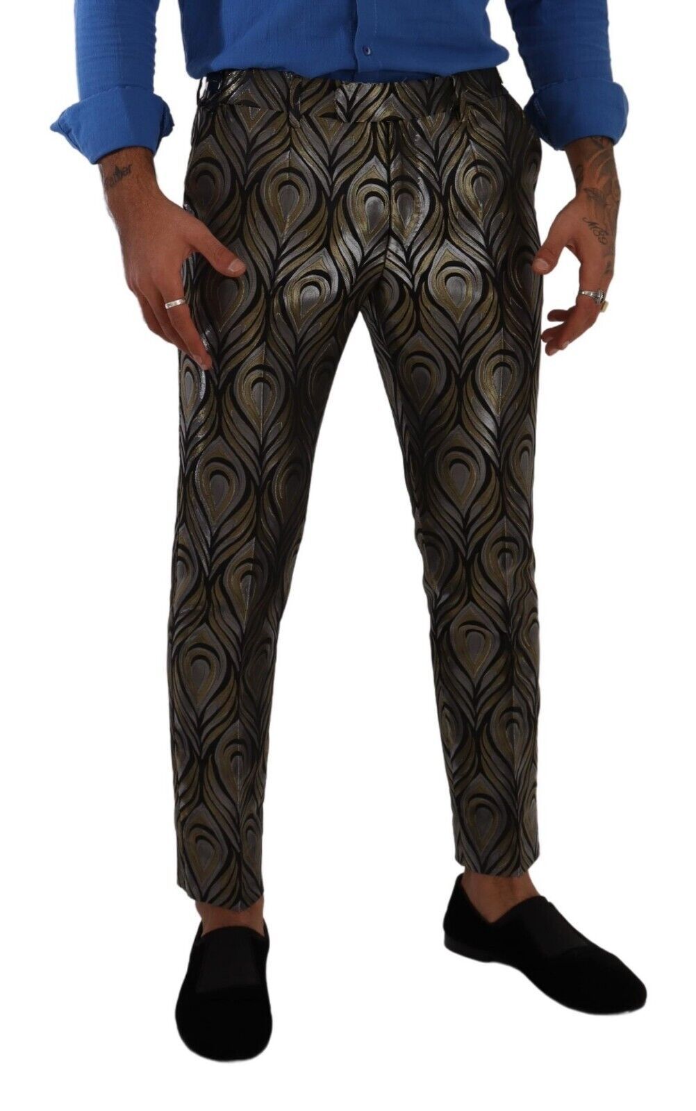 Pantalon homme Dolce & Gabbana en jacquard argent et or, style élégant et sophistiqué, avec motif tissé.