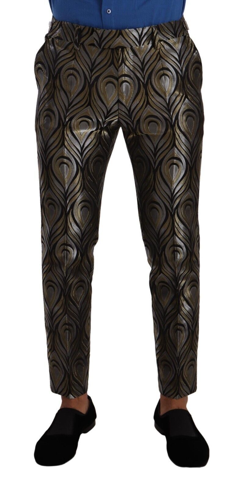 Pantalon homme Dolce & Gabbana en jacquard argent et or, style élégant avec motif sophistiqué, adapté pour dress code.