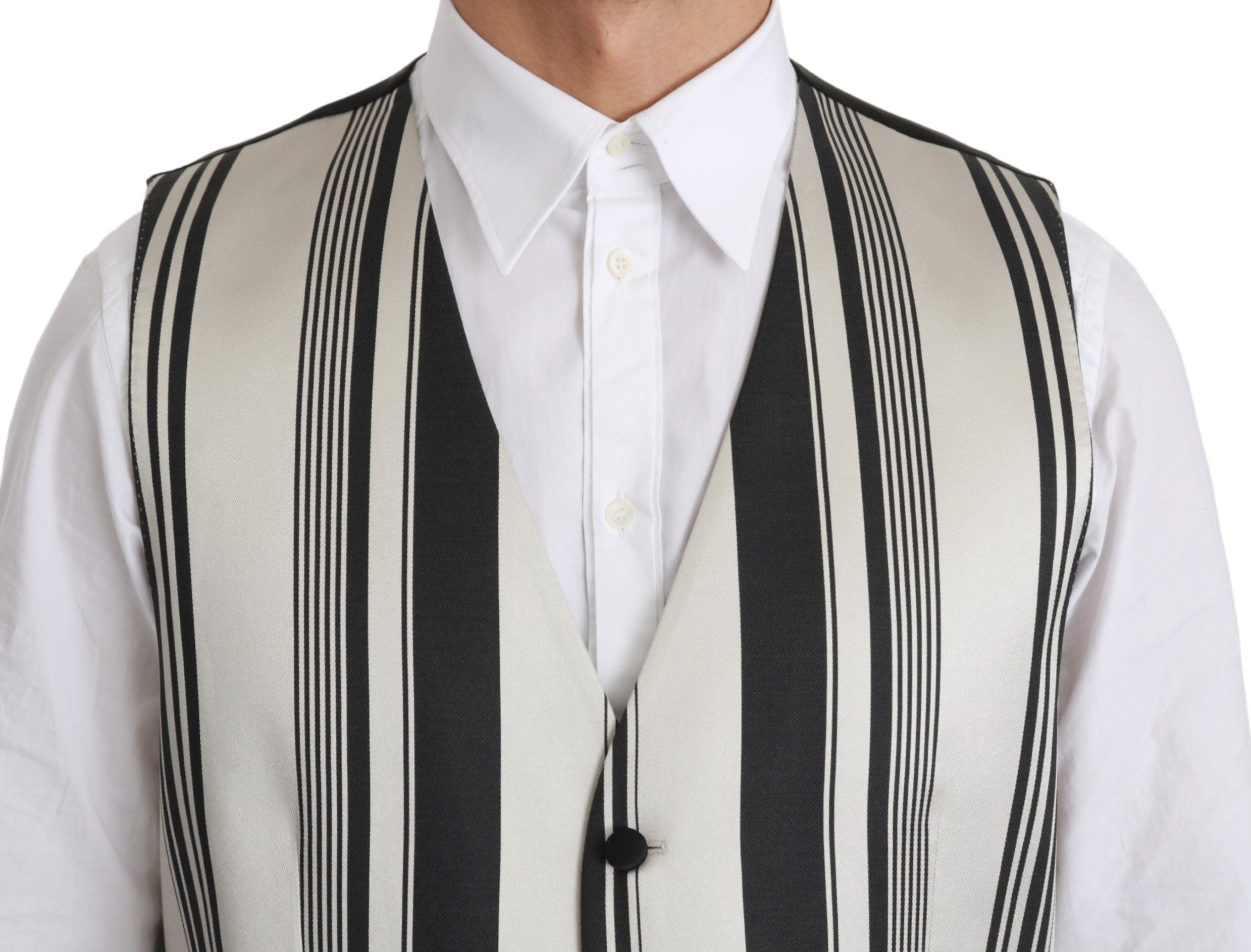 Gilet formel Dolce & Gabbana blanc et noir à rayures, veste cintrée élégante pour homme ou femme.