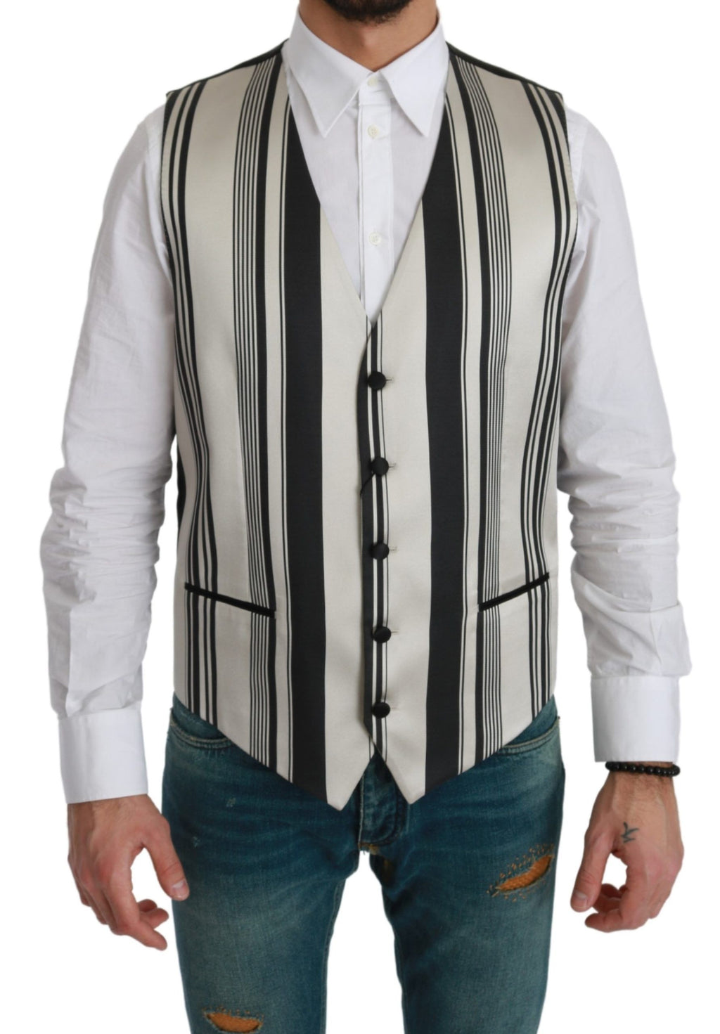 Gilet formel Dolce & Gabbana à rayures blanches et noires, ajusté, parfait pour un look élégant et sophistiqué.