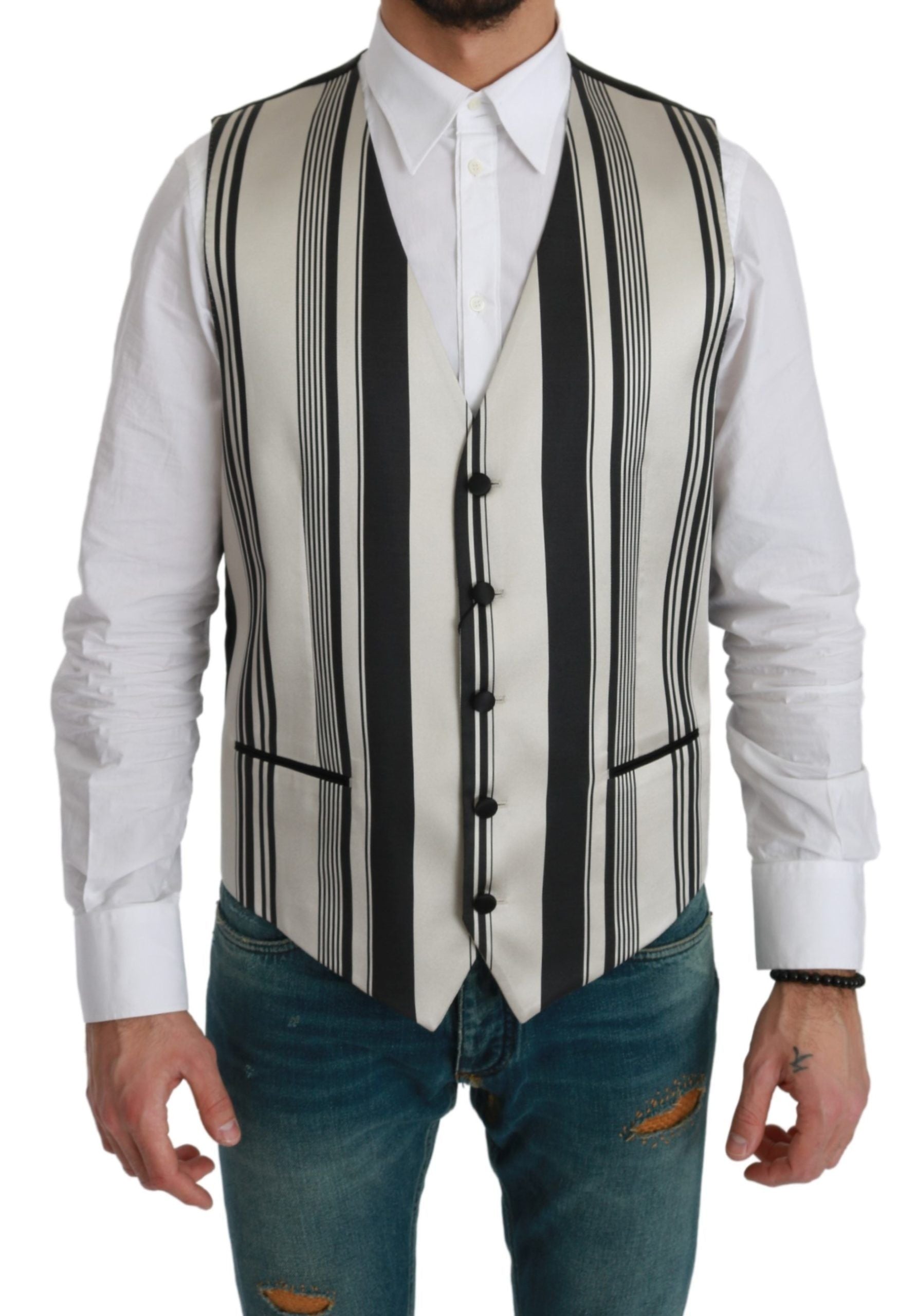Gilet formel Dolce & Gabbana à rayures blanches et noires, ajusté, parfait pour un look élégant et sophistiqué.
