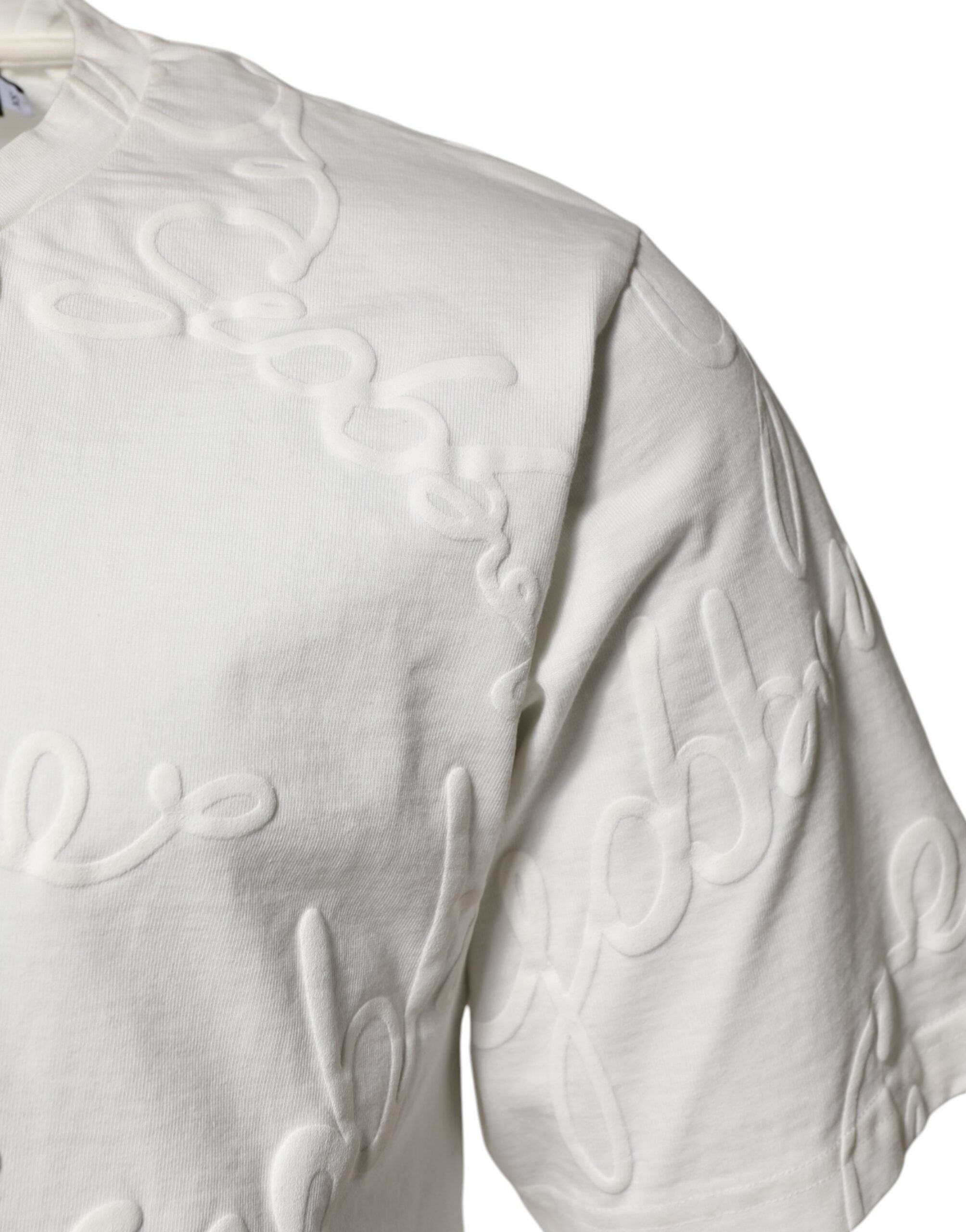 T-shirt blanc en coton Dolce & Gabbana avec logo embossé, col rond et coupe classique, vue de face.