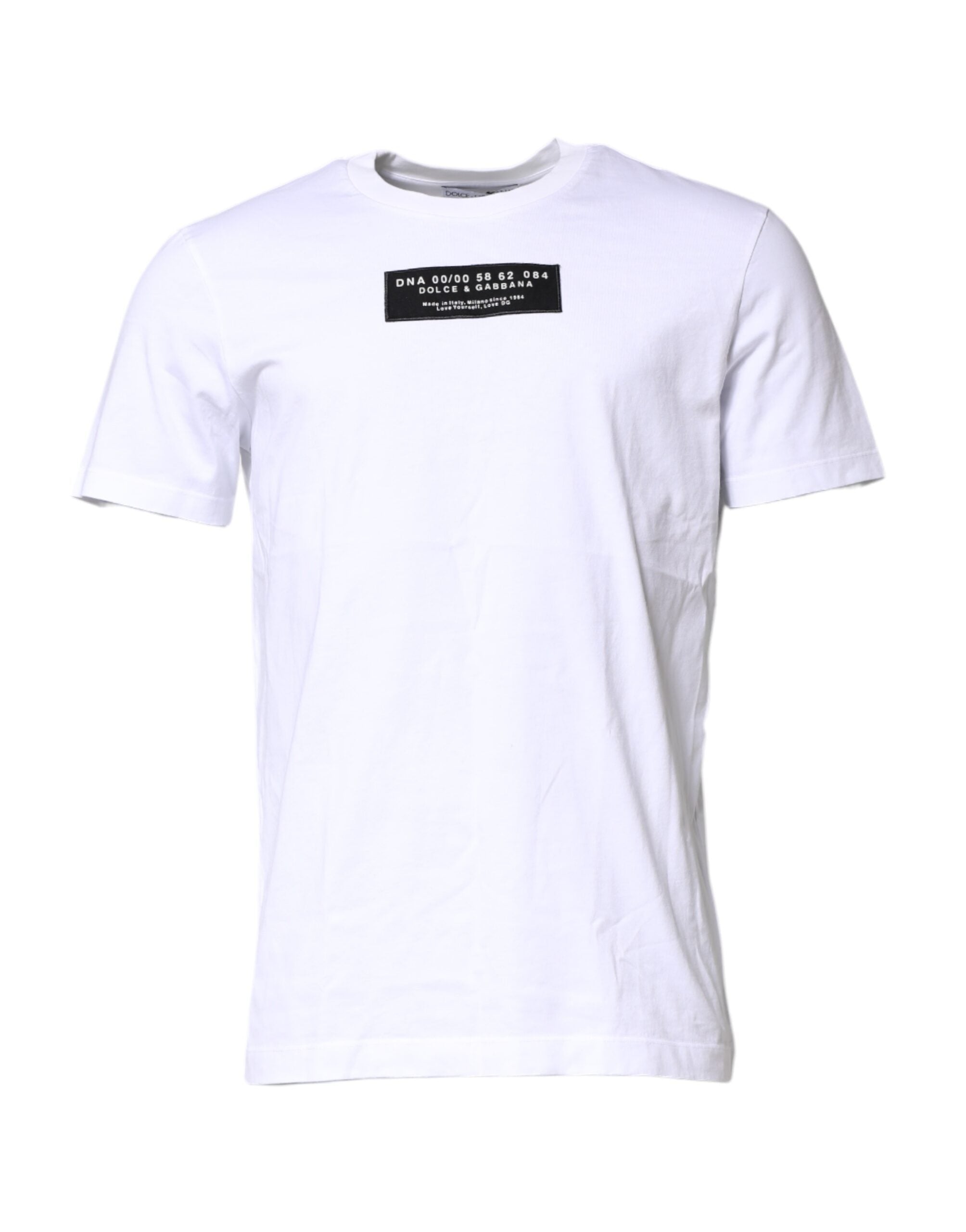 T-shirt blanc en coton Dolce & Gabbana à col rond avec patch logo, vue de face.