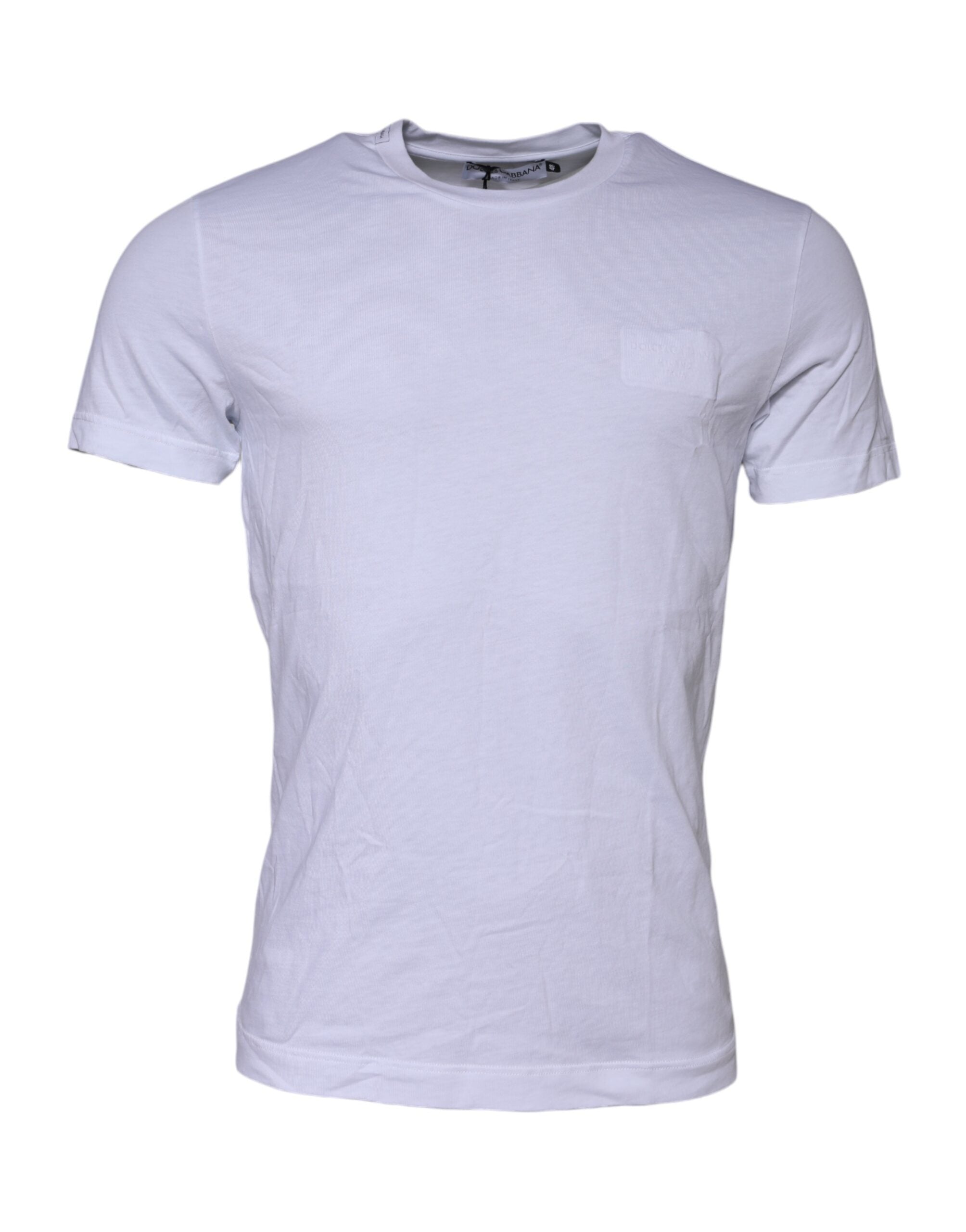 T-shirt blanc en coton Dolce & Gabbana avec logo patch sur le col rond, vue de face, style décontracté.