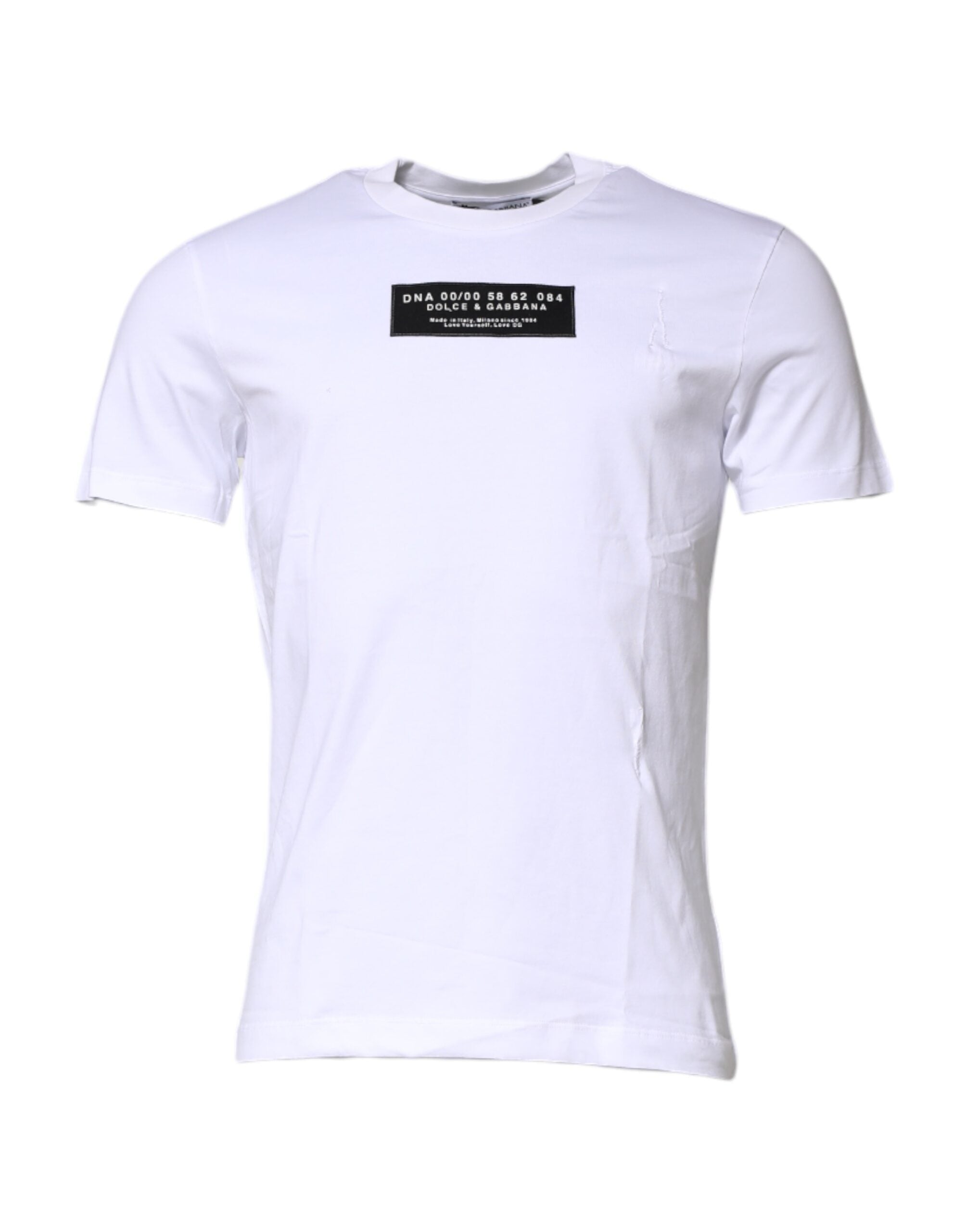 T-shirt blanc en coton Dolce & Gabbana avec logo brodé sur la poitrine et col rond, vue de face.