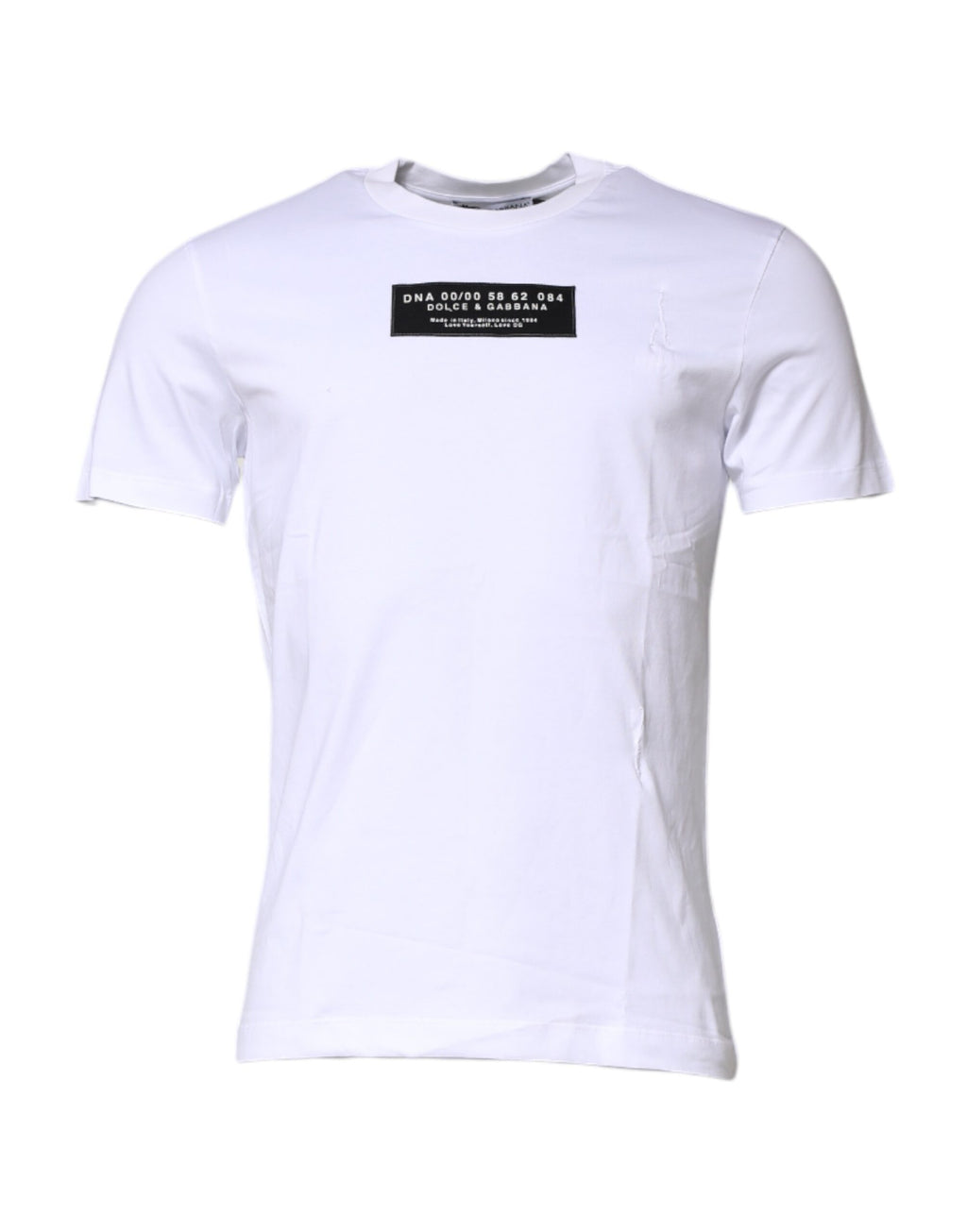 T-shirt blanc en coton Dolce & Gabbana avec logo brodé, col rond, vue de face.