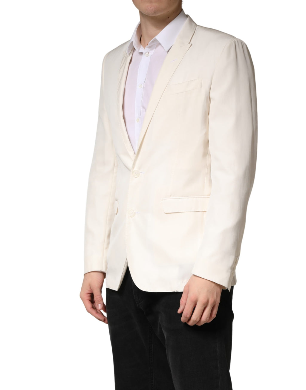 Veste blazer blanche en coton à un bouton de Dolce & Gabbana, coupe classique, détail élégant, tenue sophistiquée pour homme ou femme.