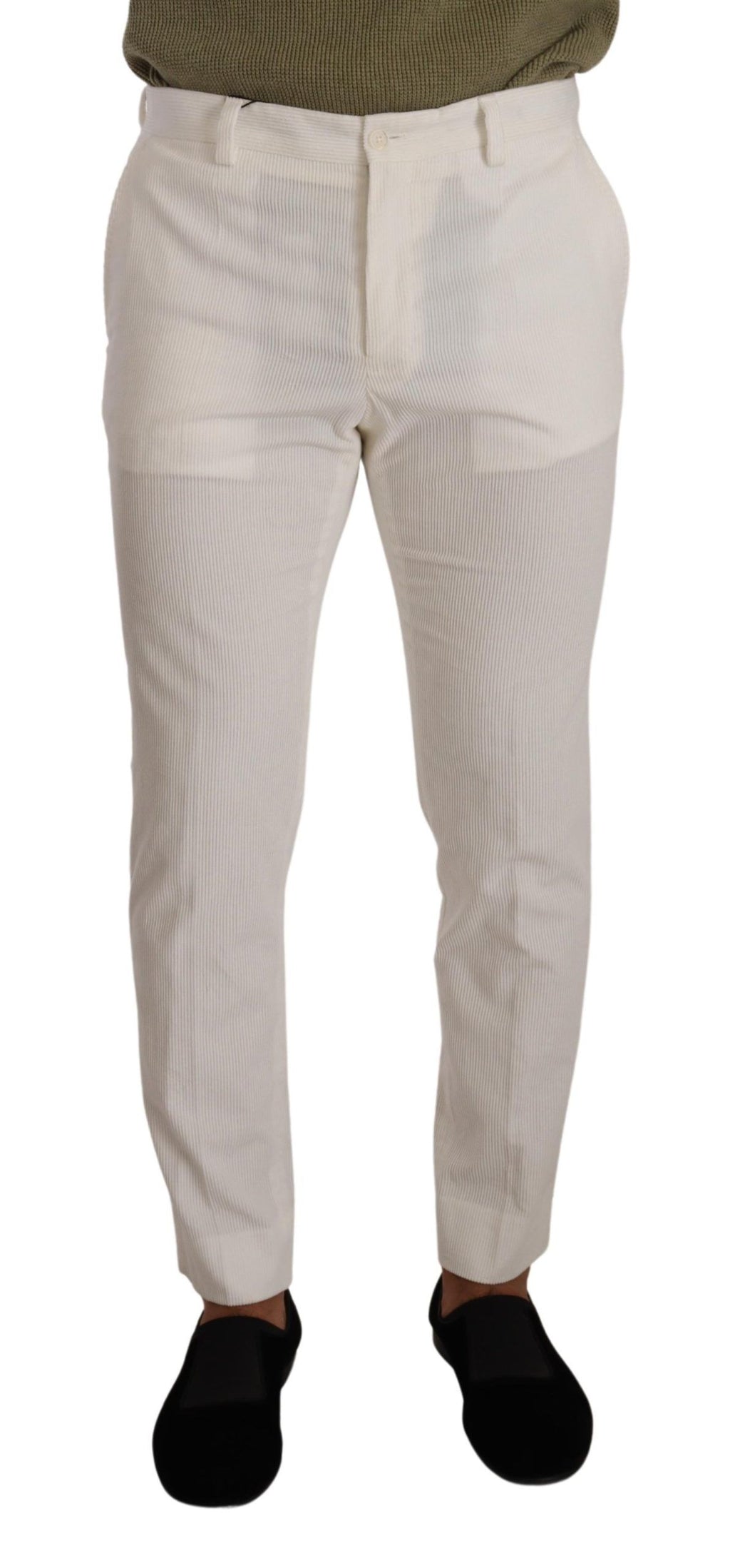 Pantalon skinny en coton blanc Dolce & Gabbana, pantalon en velours côtelé ajusté, vue de face sur fond neutre.