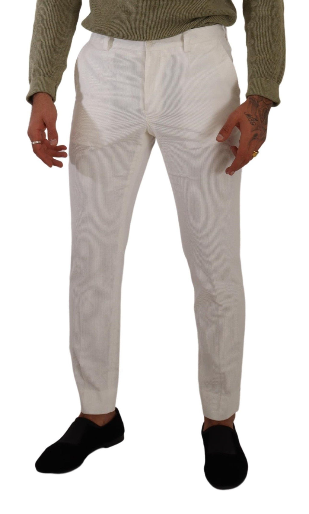 Pantalon skinny en coton blanc Dolce & Gabbana en velours côtelé, vue de face avec détails ajustés et couture élégante.