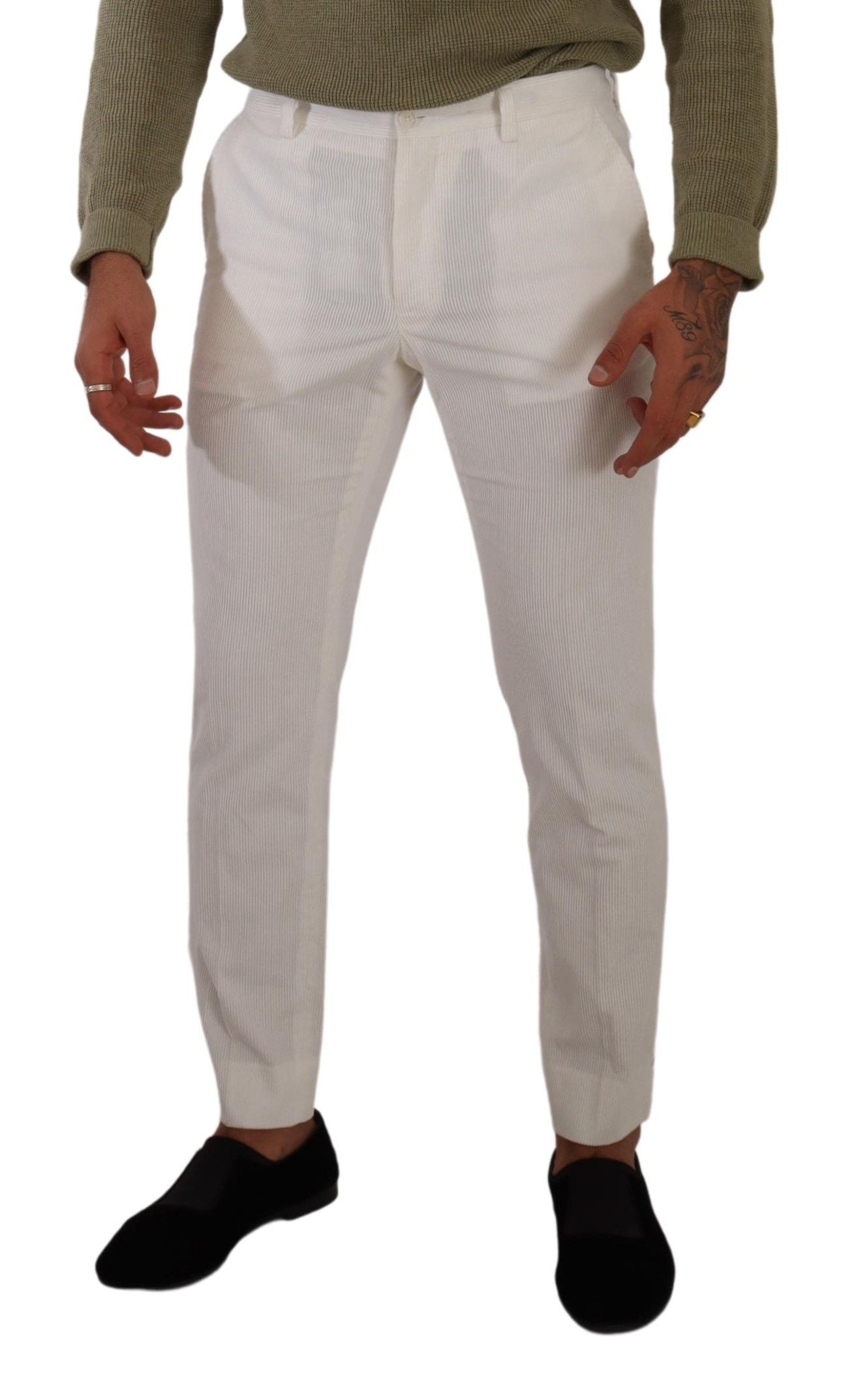 Pantalon skinny en coton blanc Dolce & Gabbana en velours côtelé, vue de face avec détails ajustés et couture élégante.