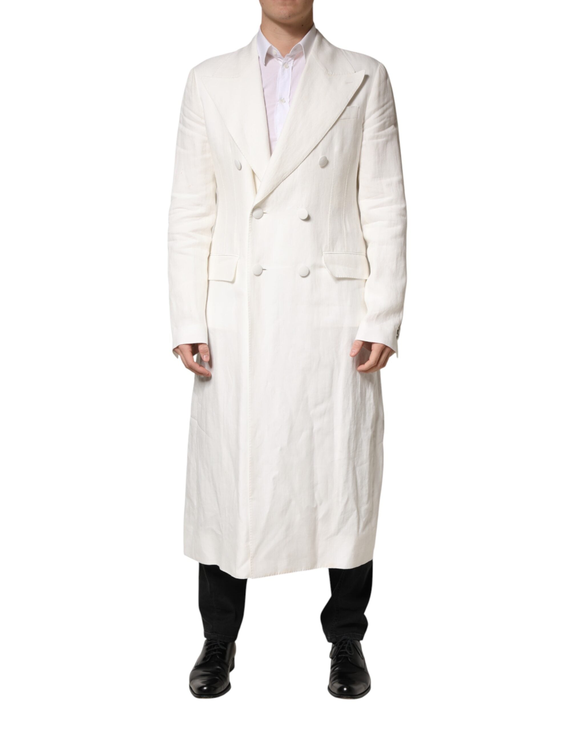 Manteau trench pour homme Dolce & Gabbana blanc à double boutonnage, vue de face sur un mannequin.