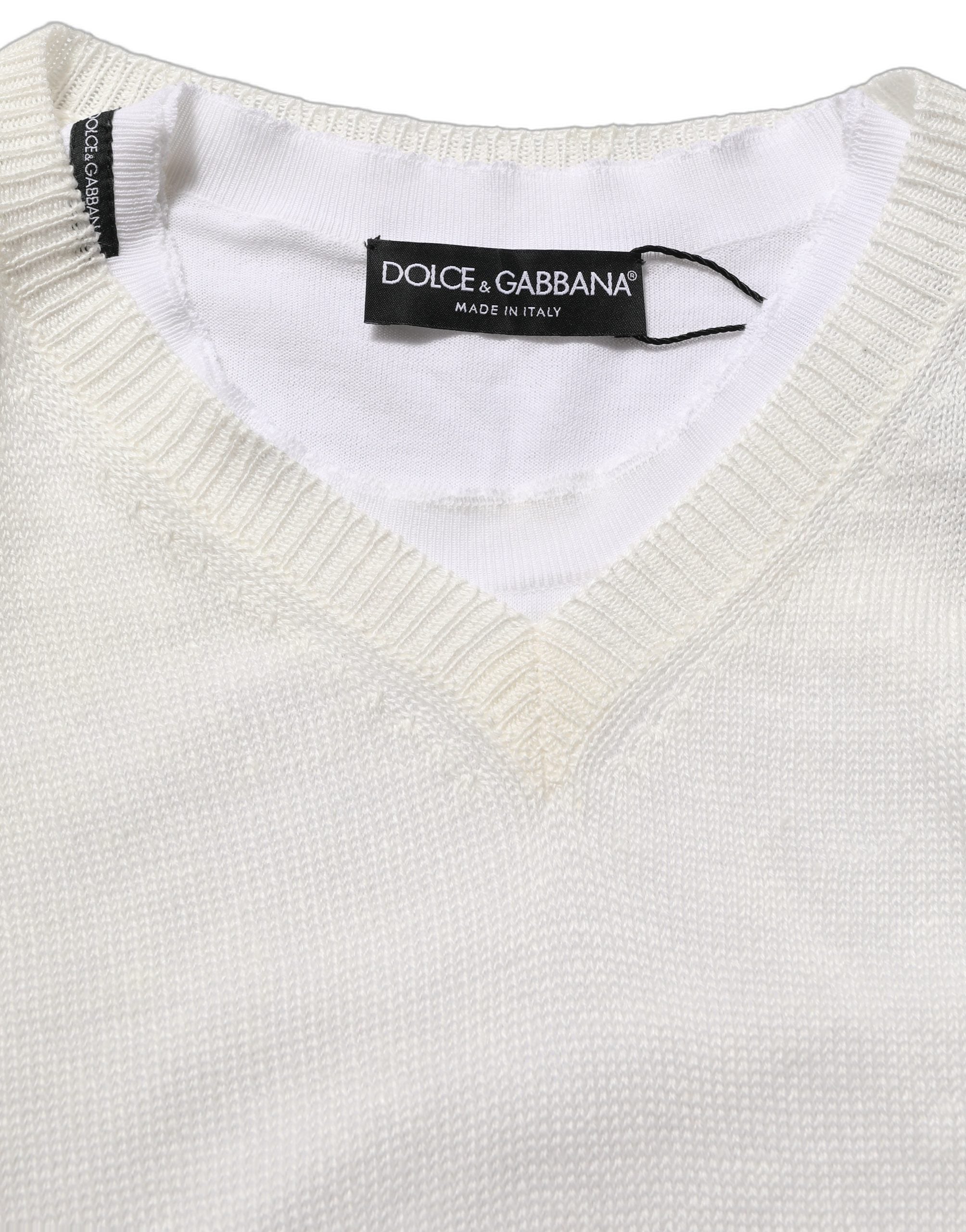 Pull à col ras du cou Dolce & Gabbana blanc en lin avec effet superposé, doux et élégant, pour un style décontracté chic.