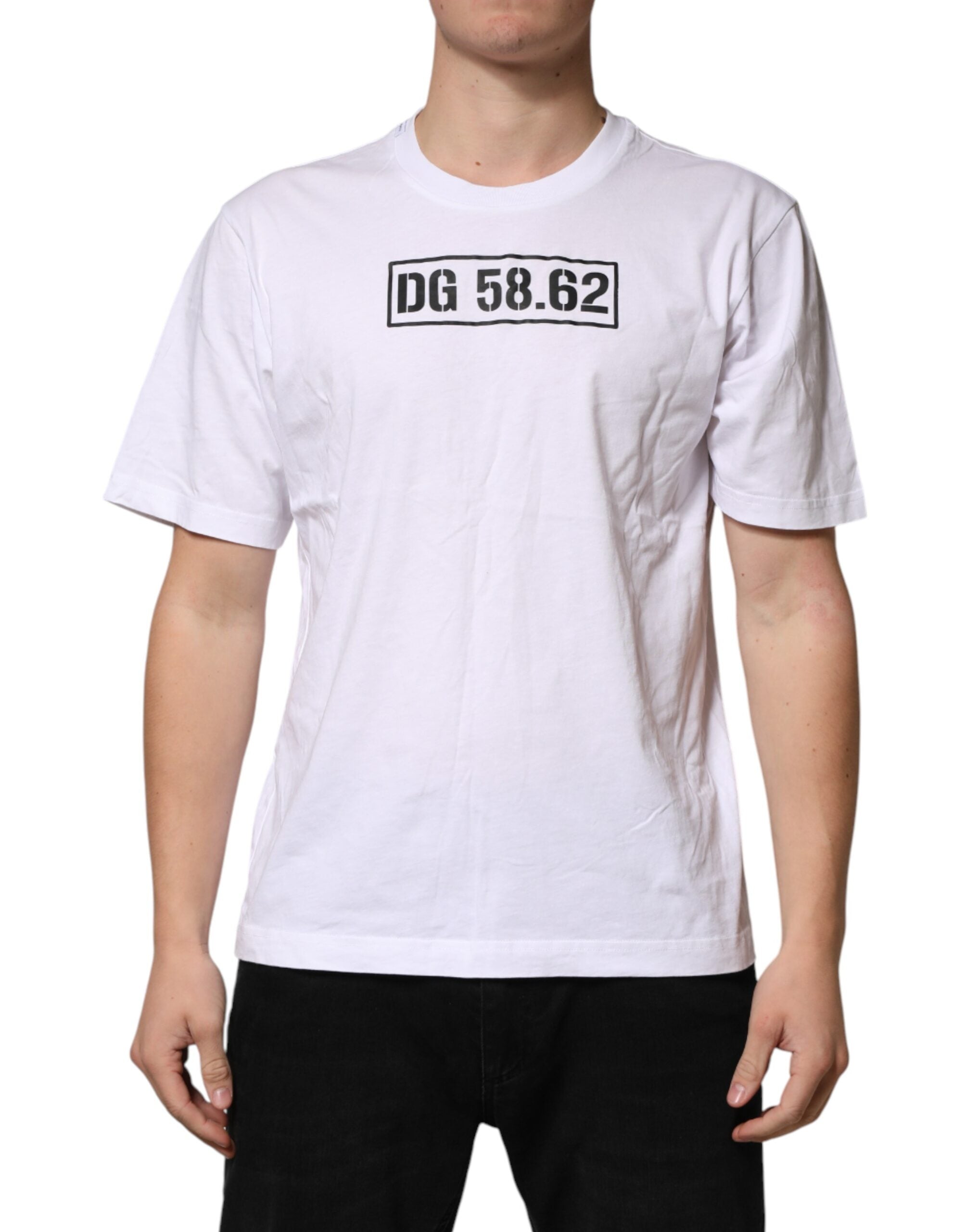 T-shirt blanc en coton pour homme Dolce & Gabbana avec graphique et col rond, vue de face.