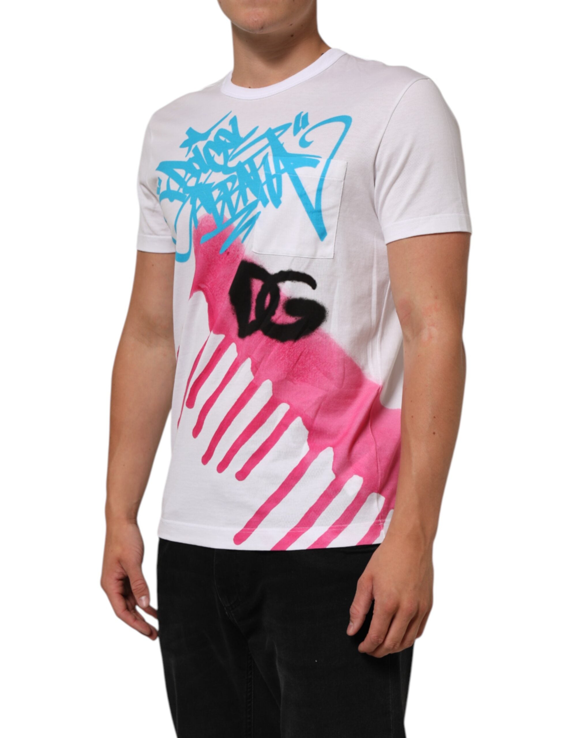 T-shirt en coton blanc à col rond avec imprimé graphique Dolce & Gabbana, style décontracté et moderne.