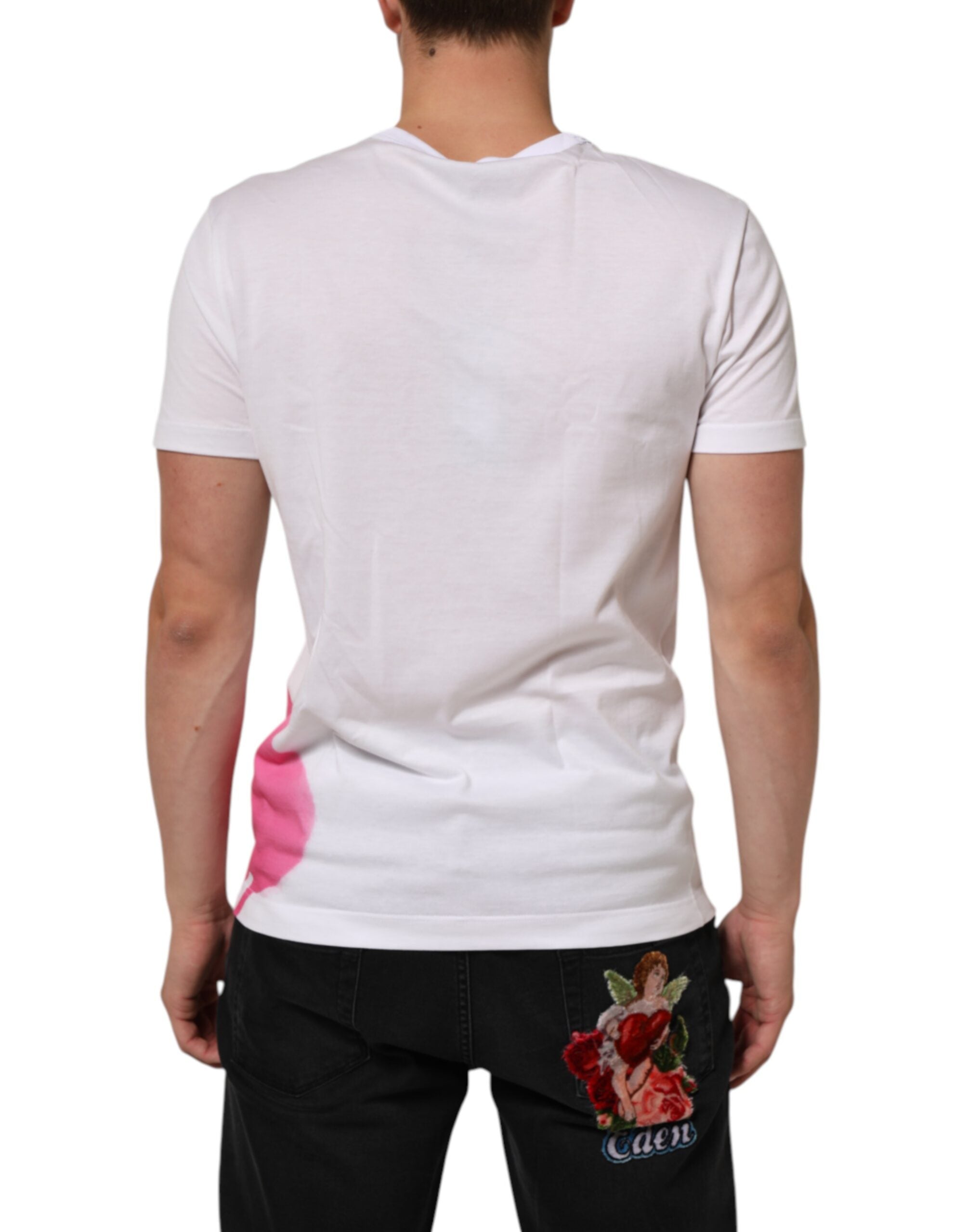 T-shirt blanc en coton Dolce & Gabbana avec imprimé graphique, col rond, mode décontractée et design moderne.