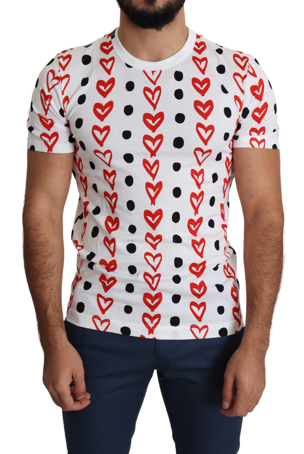 T-shirt blanc pour homme Dolce & Gabbana avec imprimé de cœurs en coton, style décontracté et moderne.
