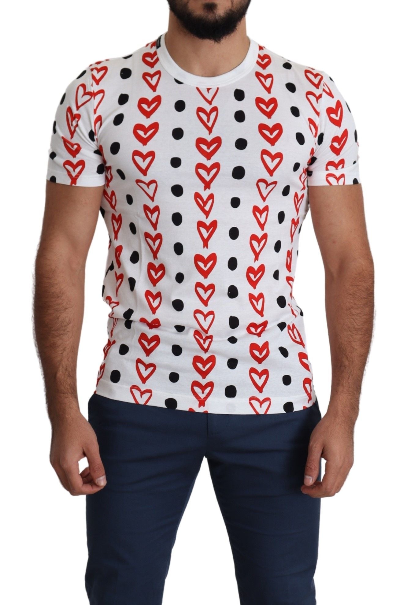 T-shirt blanc pour homme Dolce & Gabbana avec motif de cœurs en coton, style décontracté et tendance.