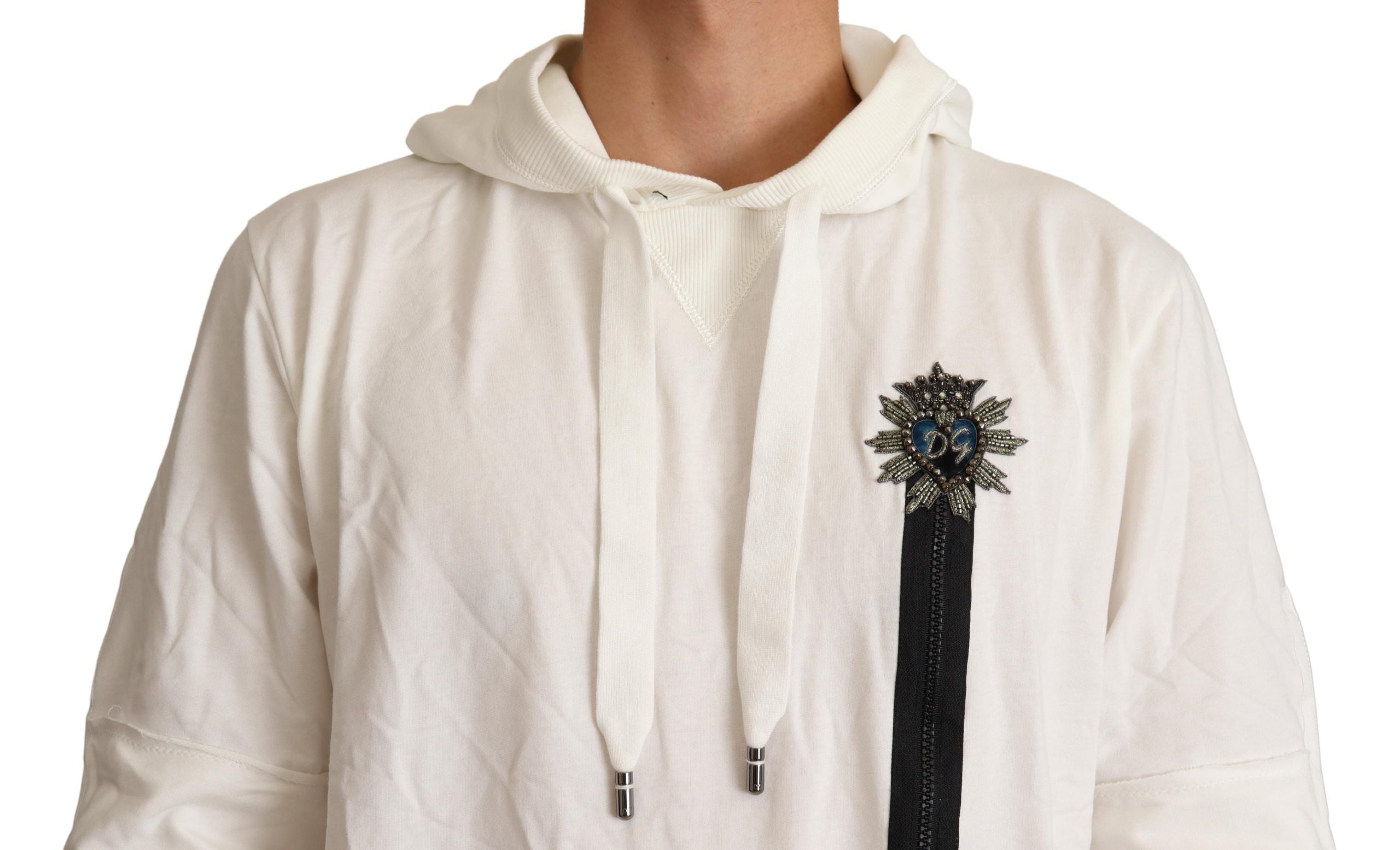 Sweat à capuche blanc édition limitée Dolce & Gabbana, pull en coton avec logo et capuche, détail élégant.