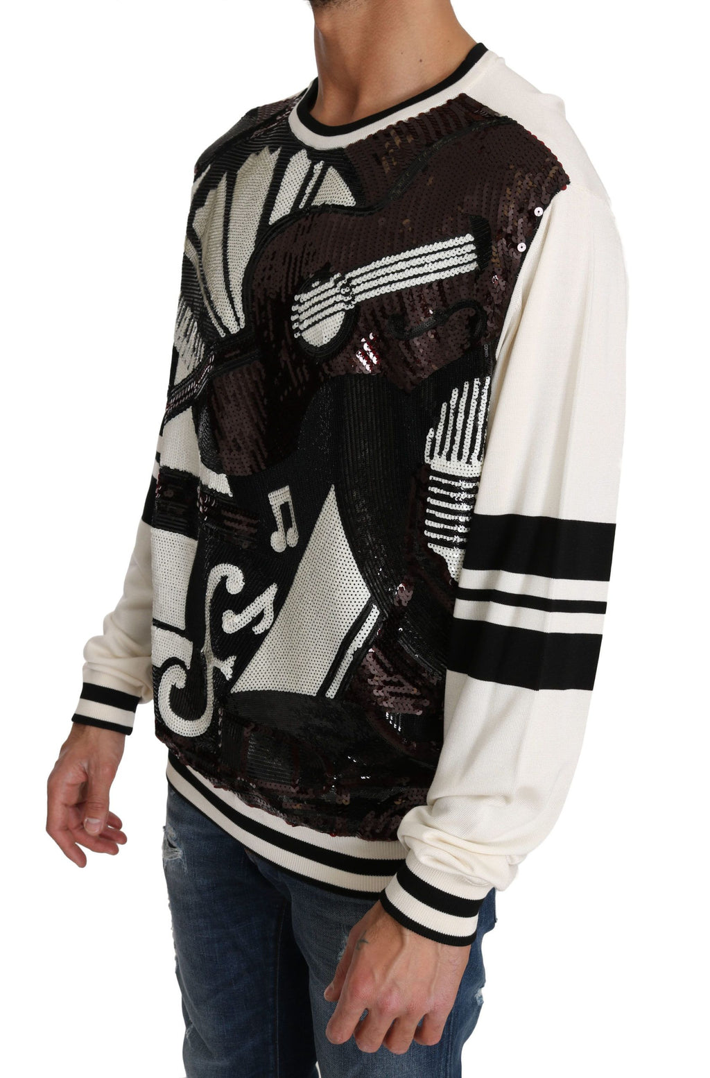Pull en laine Dolce & Gabbana blanc avec sequins en forme de guitare, style jazz, pull-over élégant et sophistiqué.