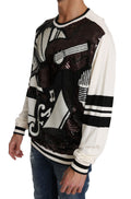Pull en laine Dolce & Gabbana blanc avec sequins en forme de guitare, style jazz, pull-over élégant et sophistiqué.
