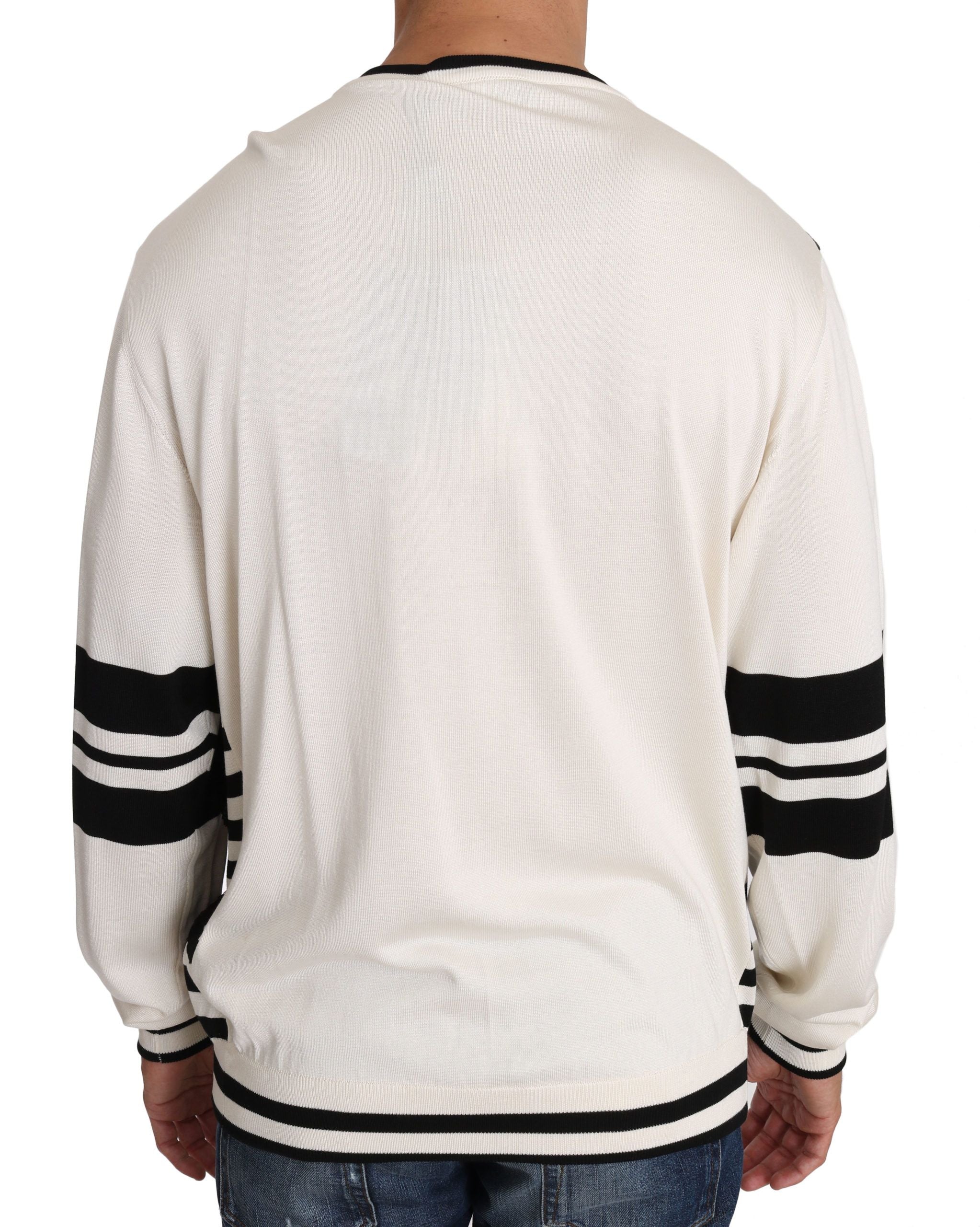Pull-over Dolce & Gabbana blanc à sequins en forme de guitare, style jazz, pull en laine avec détails brillants et design original.