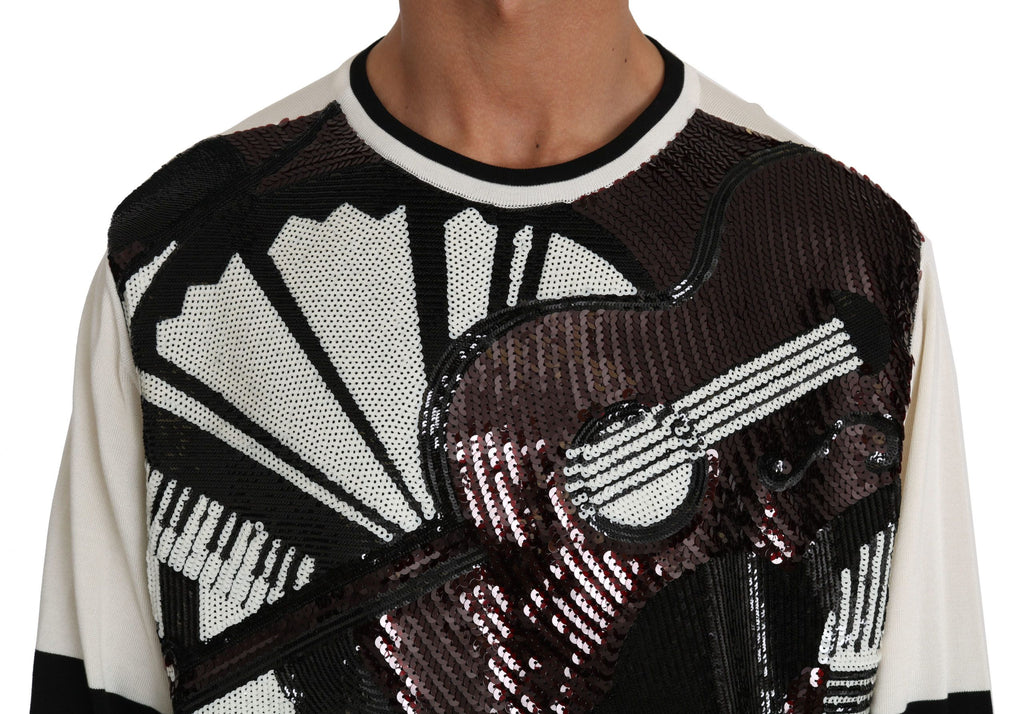 Pull Dolce & Gabbana blanc avec sequins en forme de guitare, style jazz, pull-over élégant et tendance.