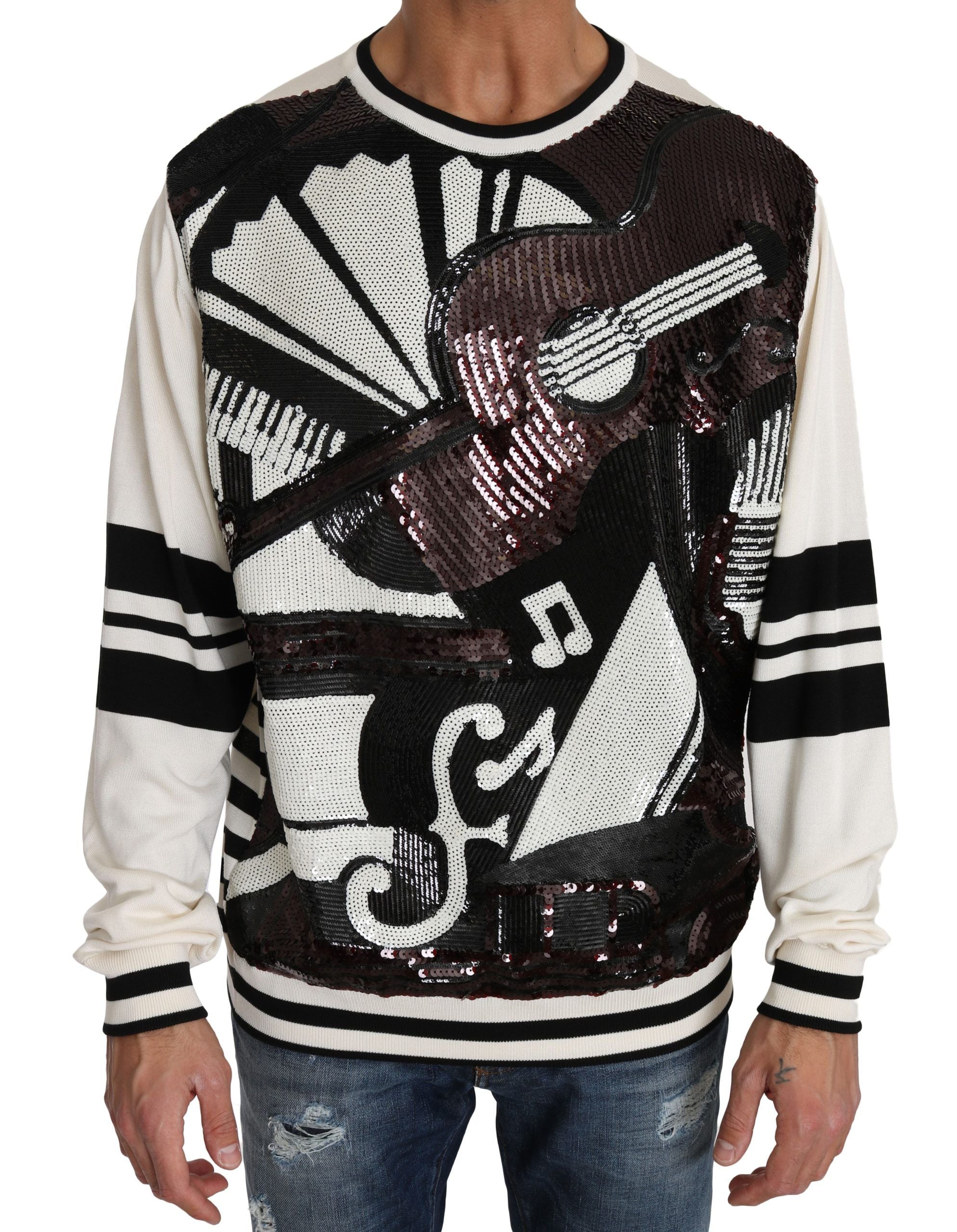 Pull en tricot blanc Dolce & Gabbana avec sequins en forme de guitare, style élégant et glamour.