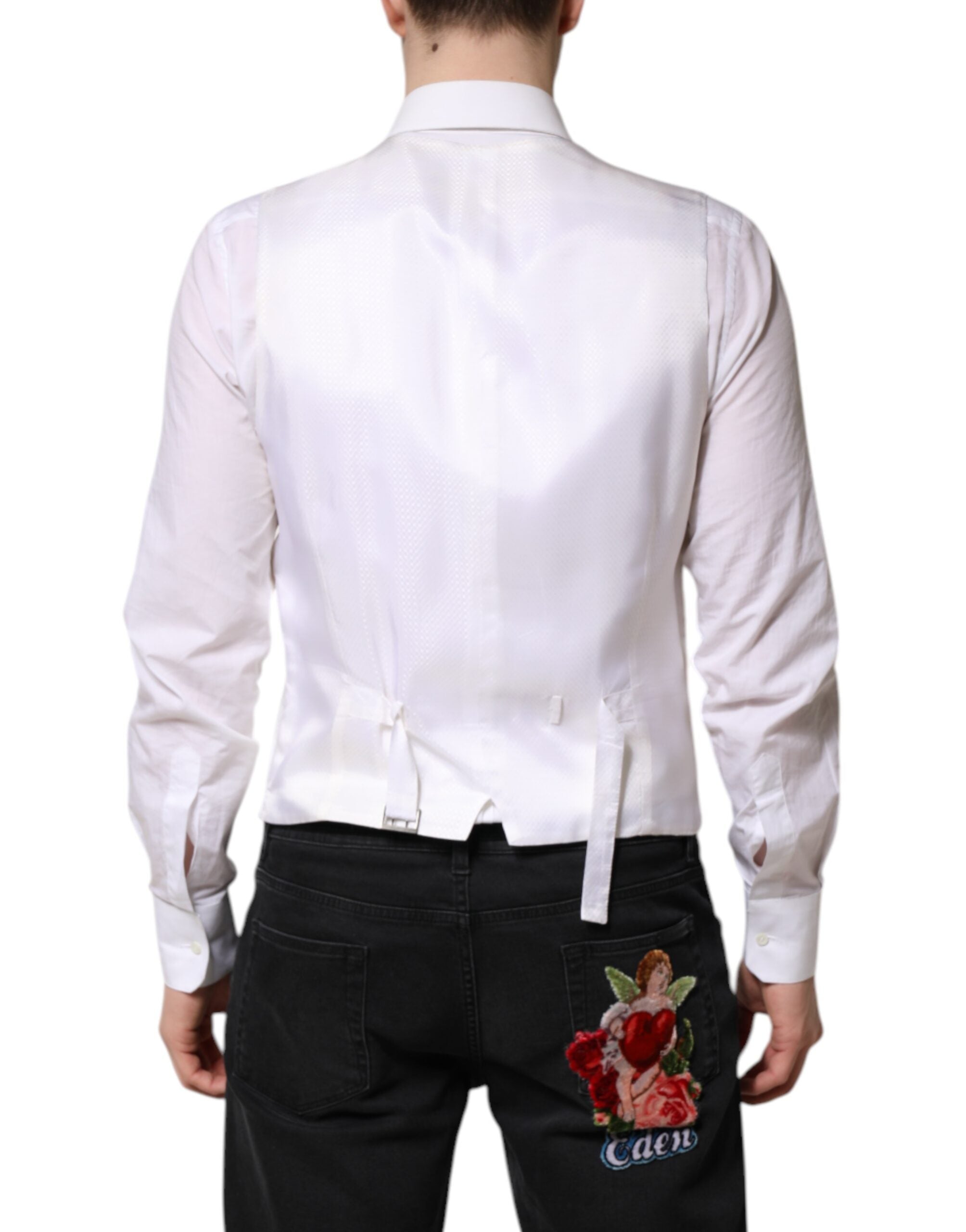 Veste de costume blanche Dolce & Gabbana avec sequins, robe de soirée élégante et ajustée, détail de la ceinture à la taille.