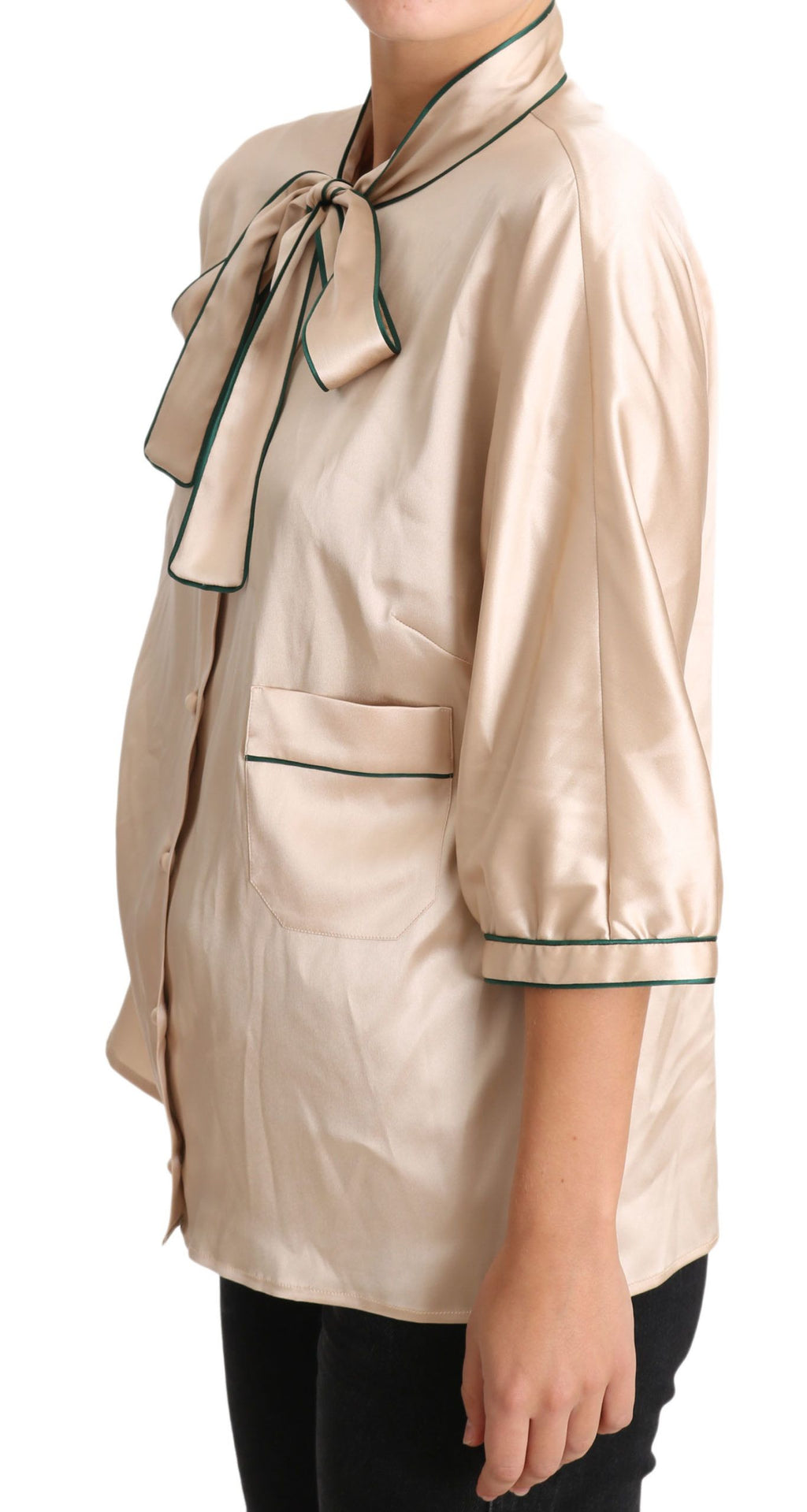 Chemisier Dolce & Gabbana en soie beige avec ruban stretch, élégant haut à manches longues et détails raffinés.
