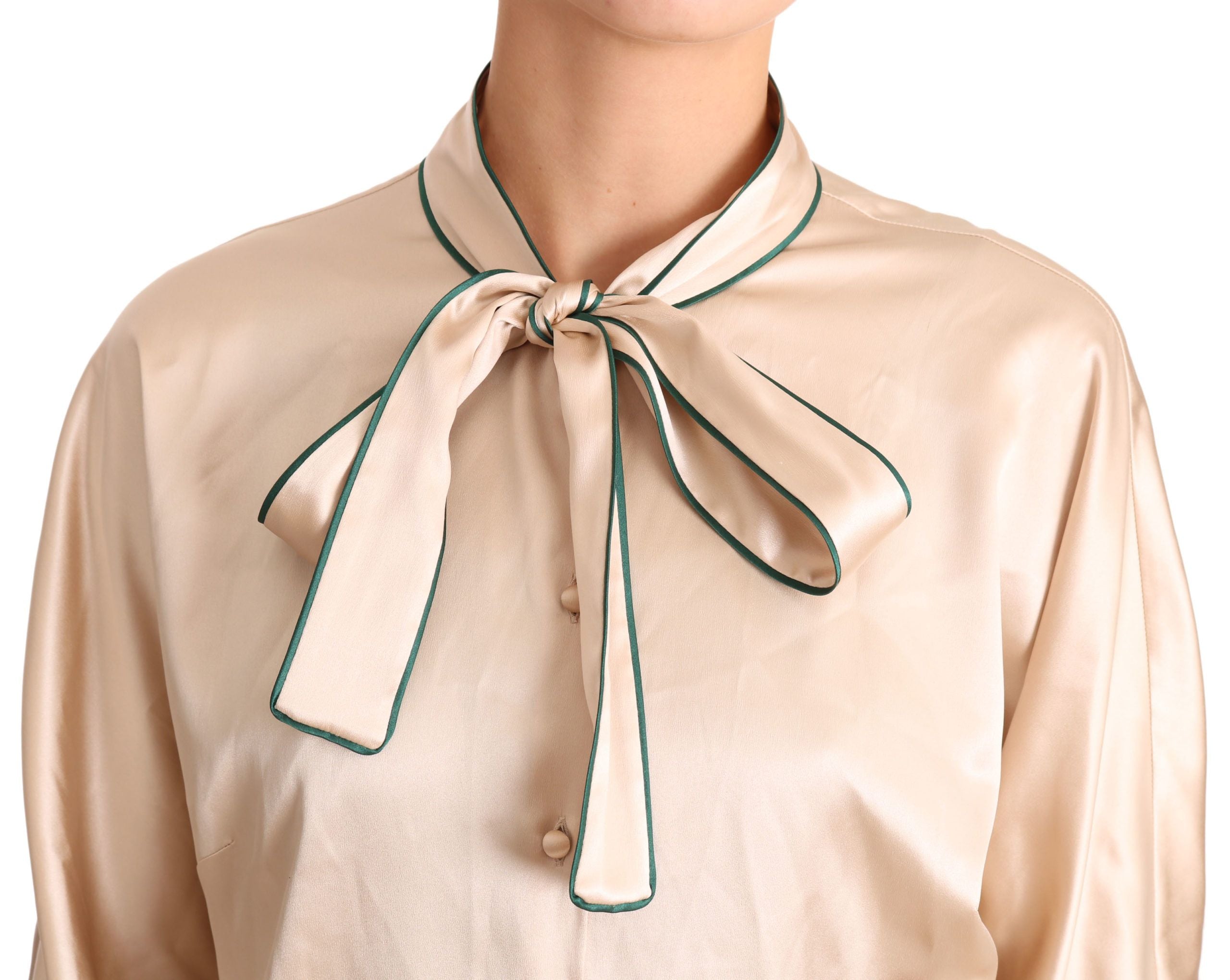 Haut en soie stretch beige à ruban de Dolce & Gabbana, blouse élégante avec détails raffinés et coupe ajustée.