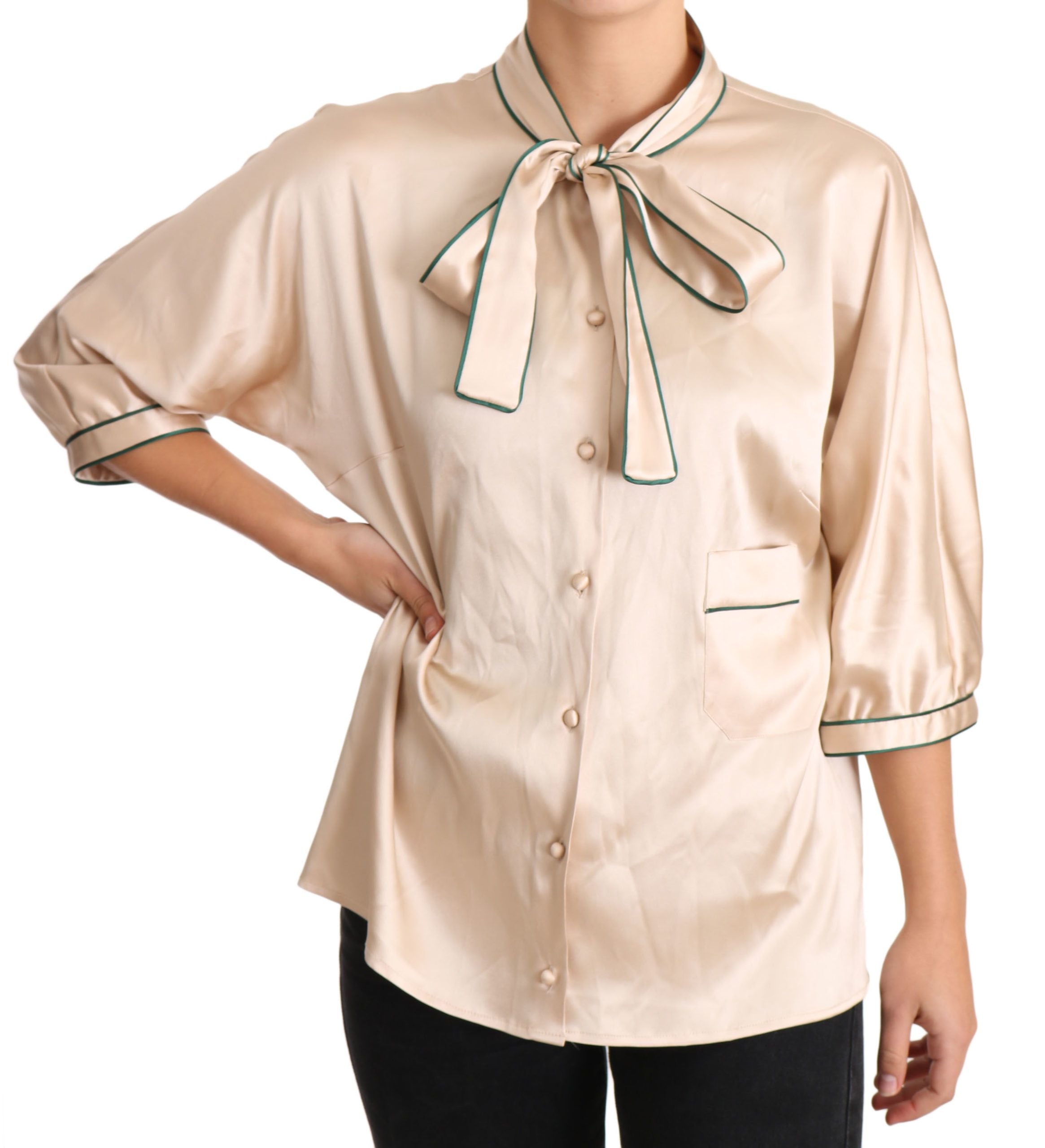 Blouse en soie stretch beige avec ruban Dolce & Gabbana, haut élégant pour femmes, vue de face.
