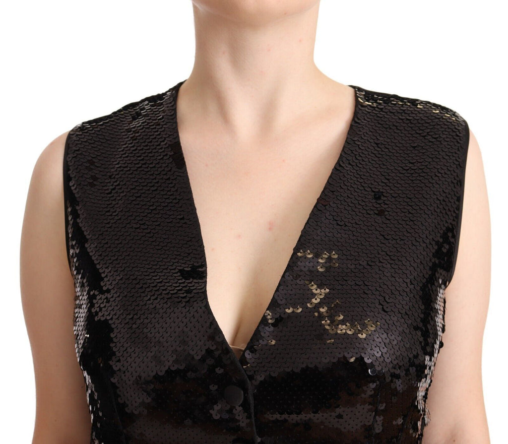 T-shirt sans manches Dolce & Gabbana en sequins noirs avec décolleté en V, style élégant et tendance.