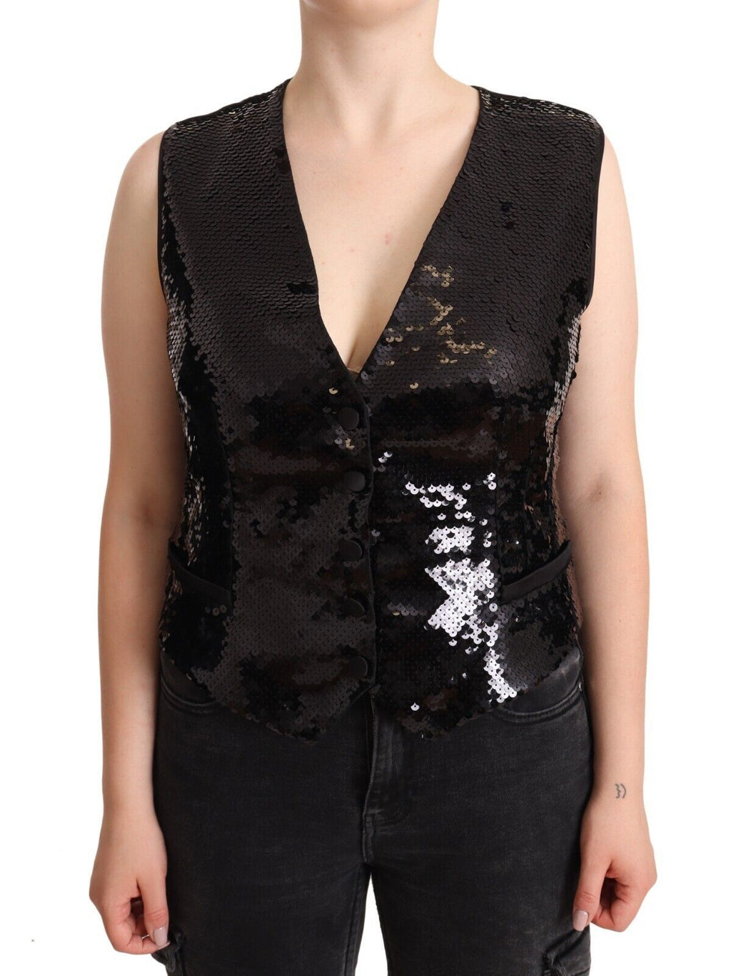 Gilet sans manches noir avec sequins et encolure en V de Dolce & Gabbana, veste élégante et brillante pour femme.