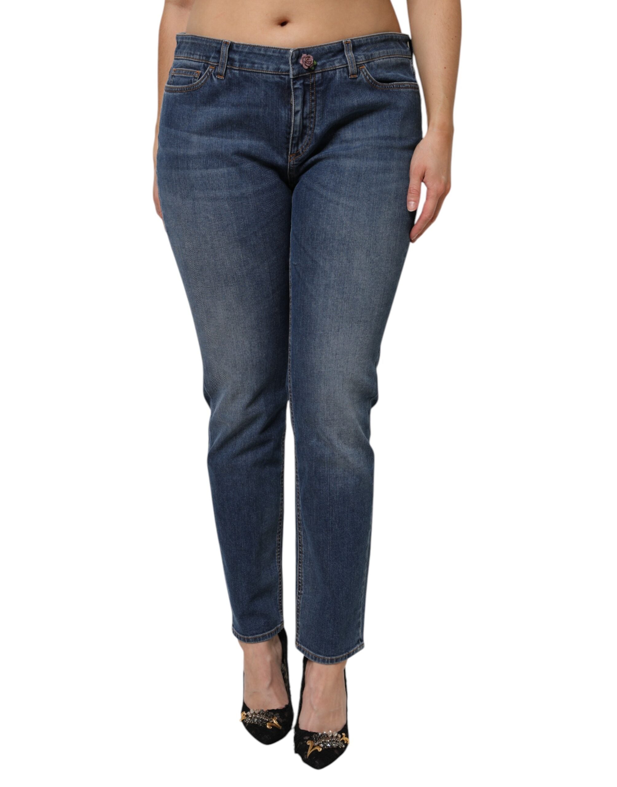 Jeans skinny en coton bleu à taille basse de Dolce & Gabbana, ajustés et tendance, visibles en détail dans l'image.